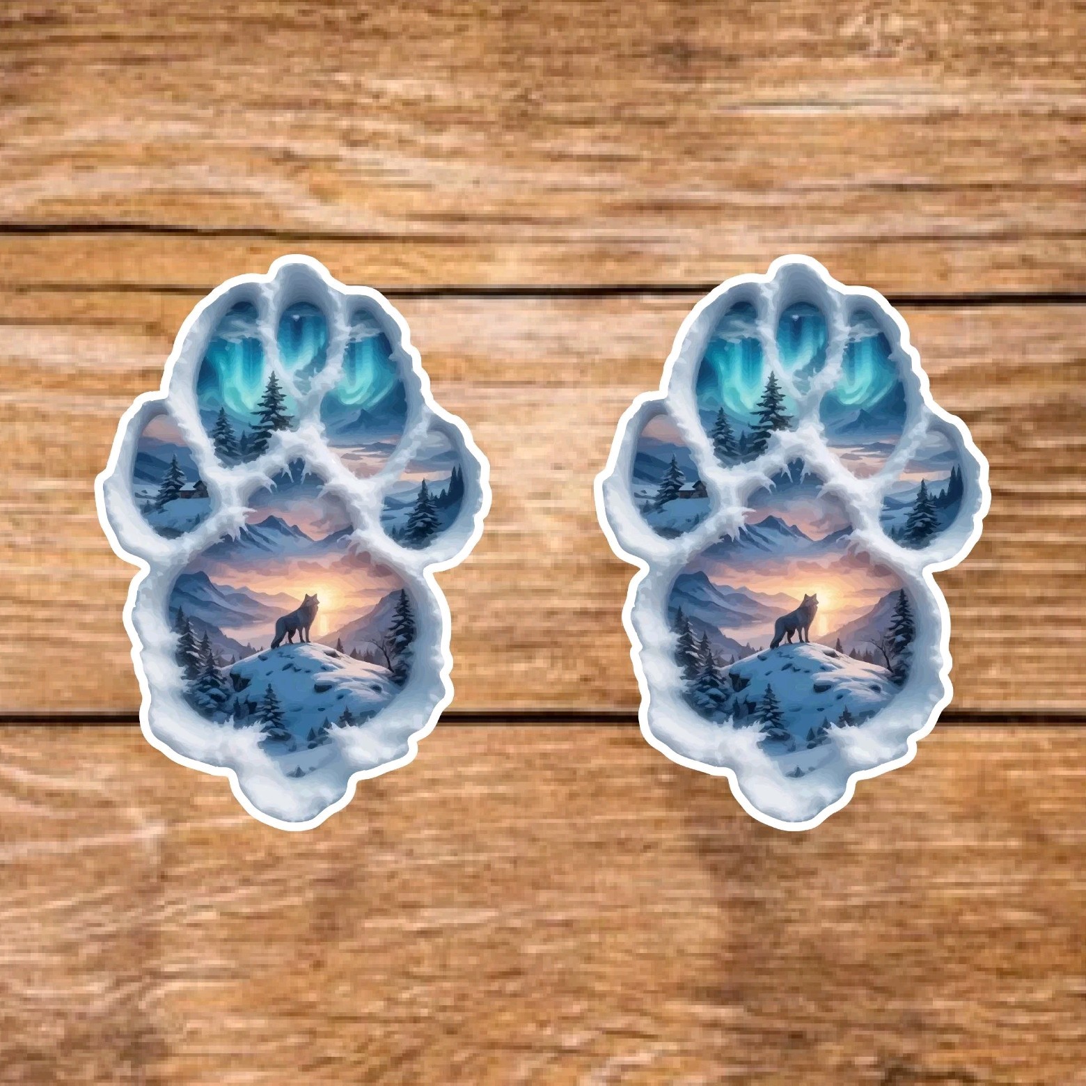 Wolf Paw Print Scene (2 Stickers) 3.5in, Waterproof, Glossy Finish Vinyl.