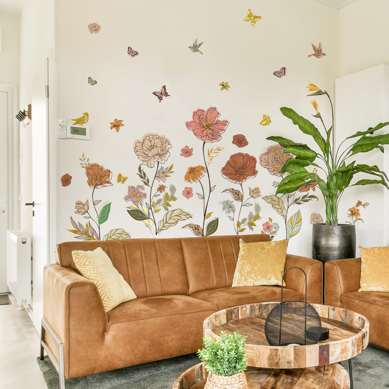 Boho Floral Wall Stickers Peony & Butterfly Wall Decals, Bohemia Flower Decor…