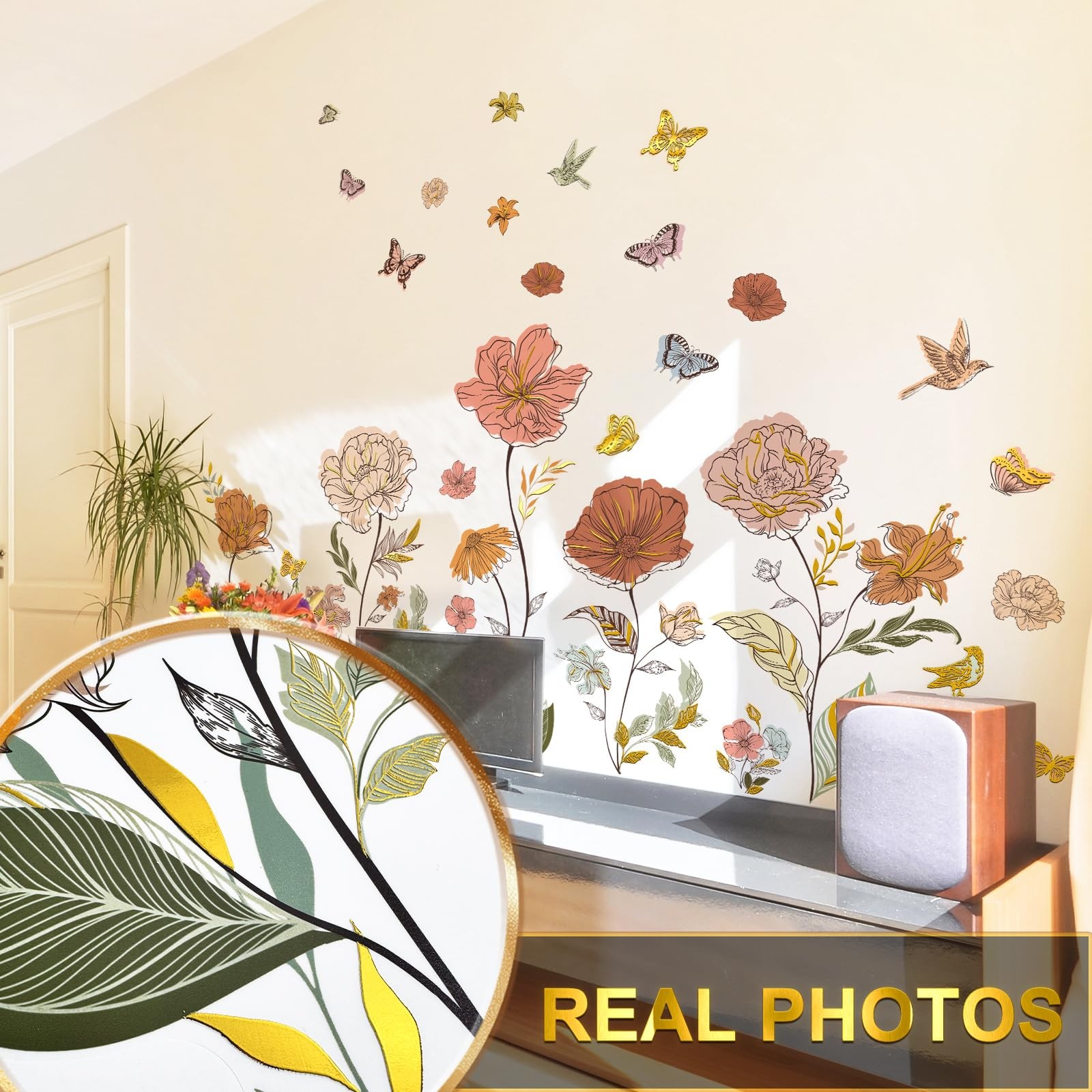 Boho Floral Wall Stickers Peony & Butterfly Wall Decals, Bohemia Flower Decor…