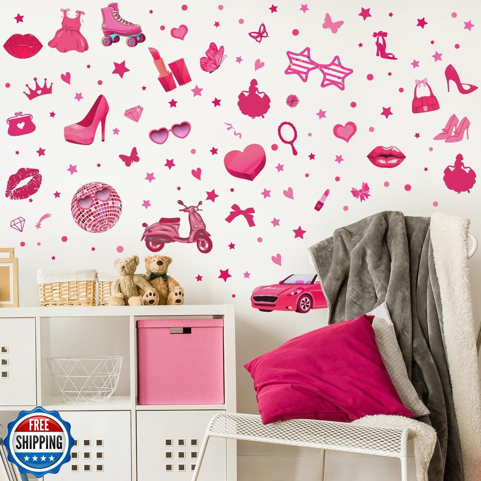 Chivertion 116 Pcs Hot Pink Girl Wall Stickers, Princess Doll Lip Heart Room