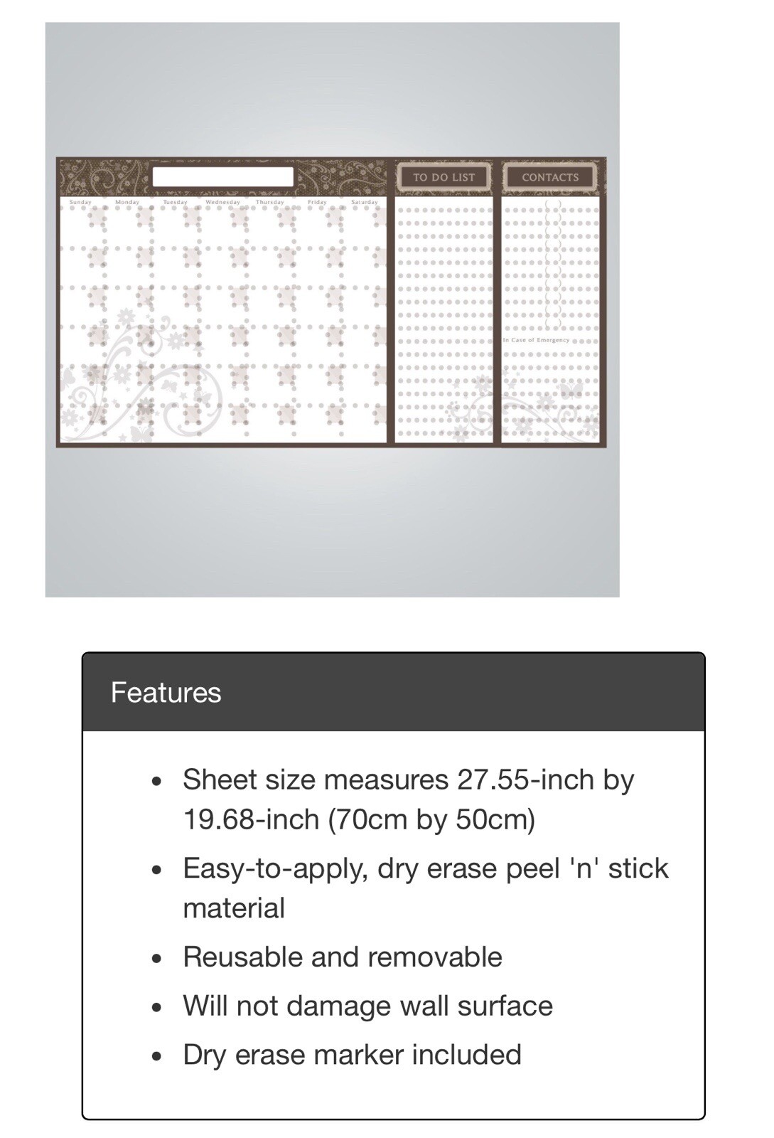 DCWV Decal Wall Art Organizer Calendar Notes , Peel-Stick Dry Erase, Brown