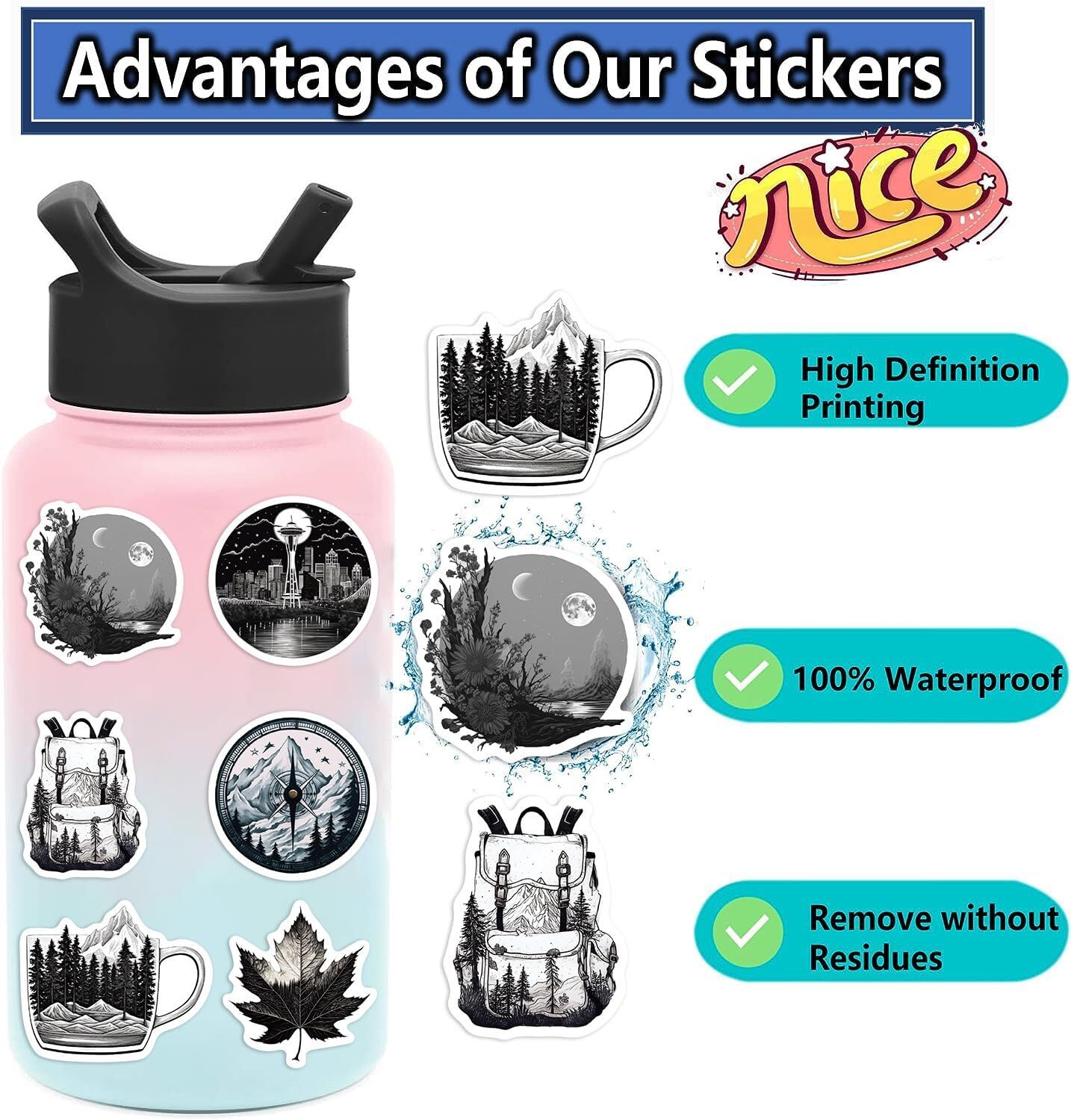 60Pcs Black White Outdoor Travel Nature Stickers – Vinyl Multicolor