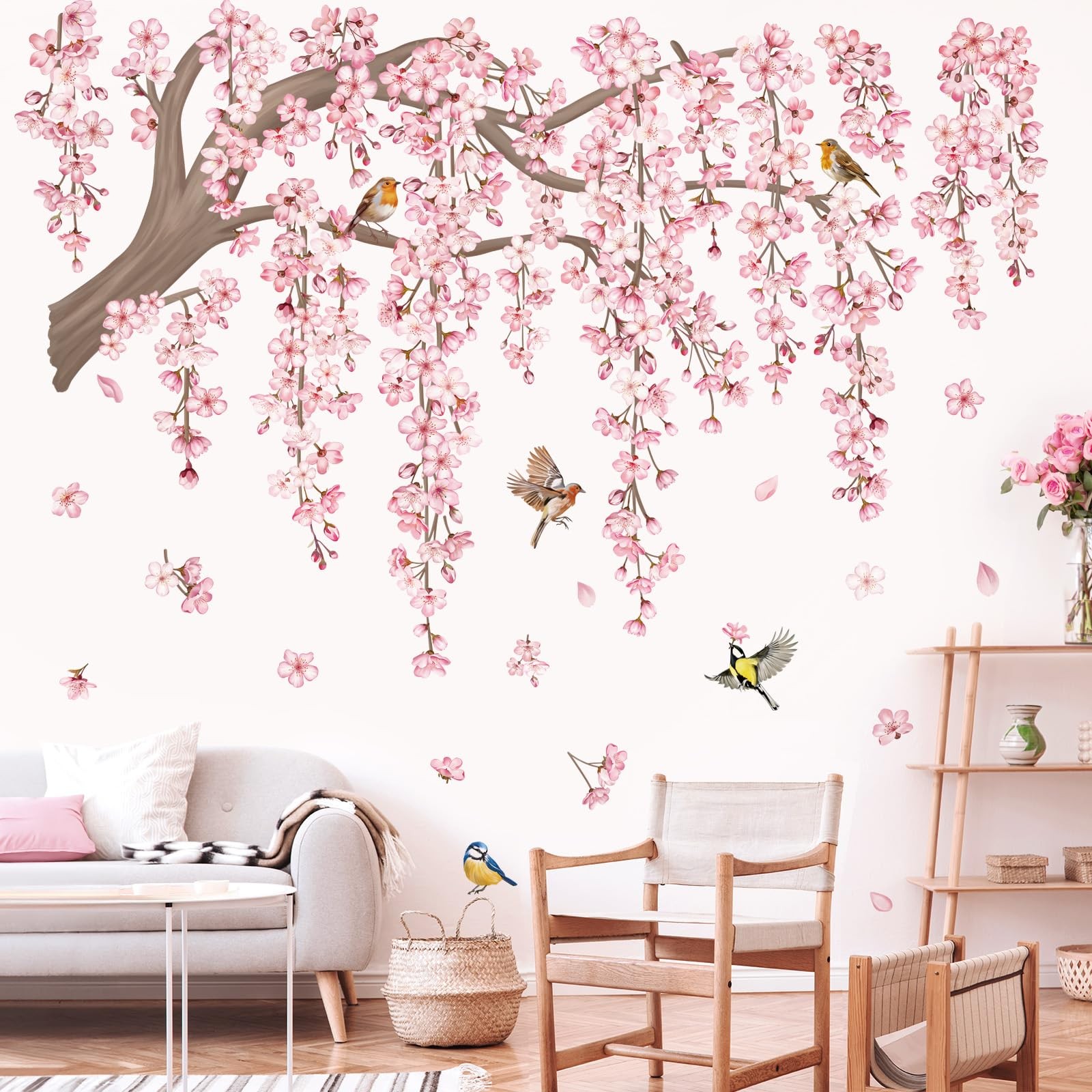 Large Pink Flower Tree Branch Wall Decals Cherry Blossom Tree Floral Birds Wa…