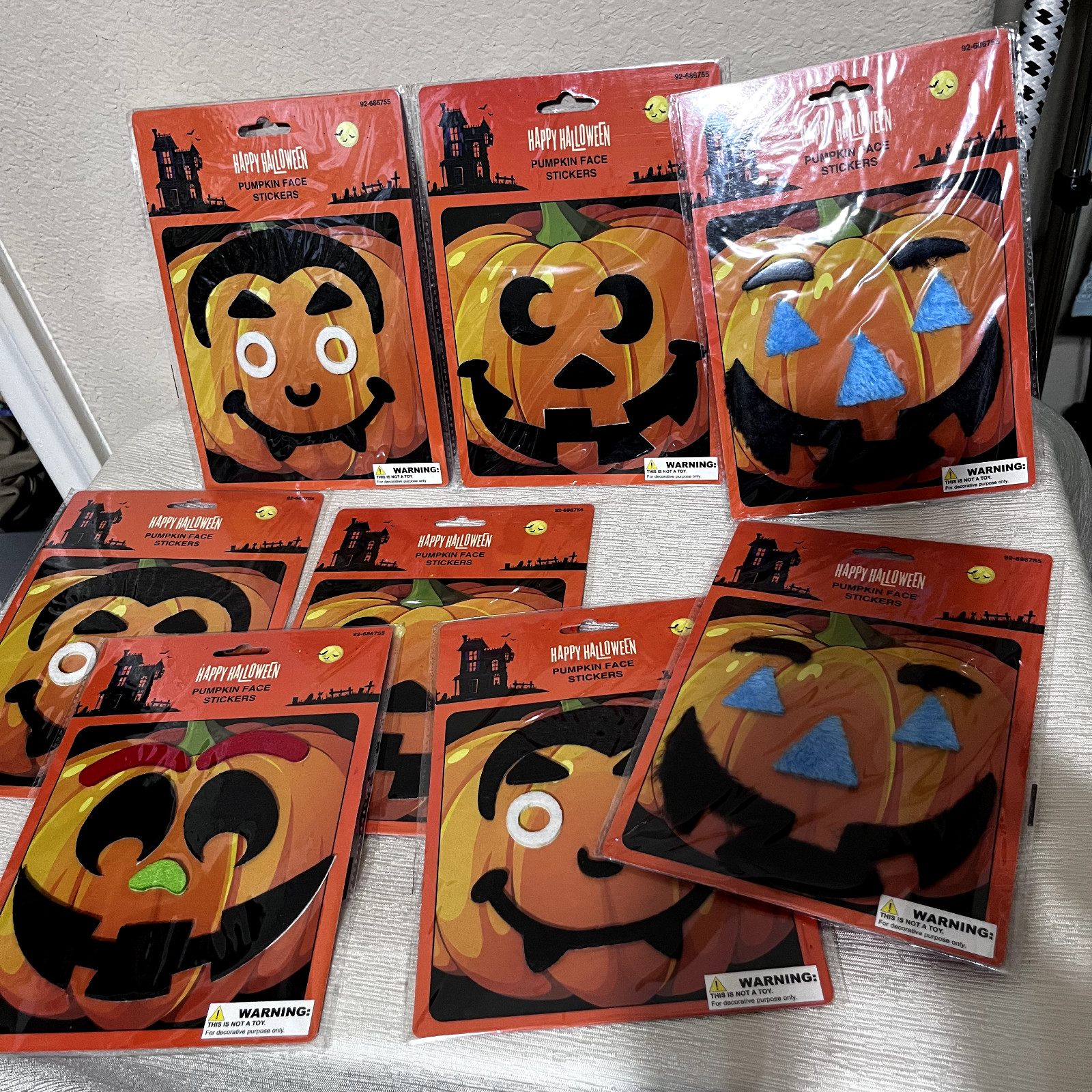 8 packs Pumpkin Face Stickers Halloween Décor Jack-o-Lantern flocked New lot