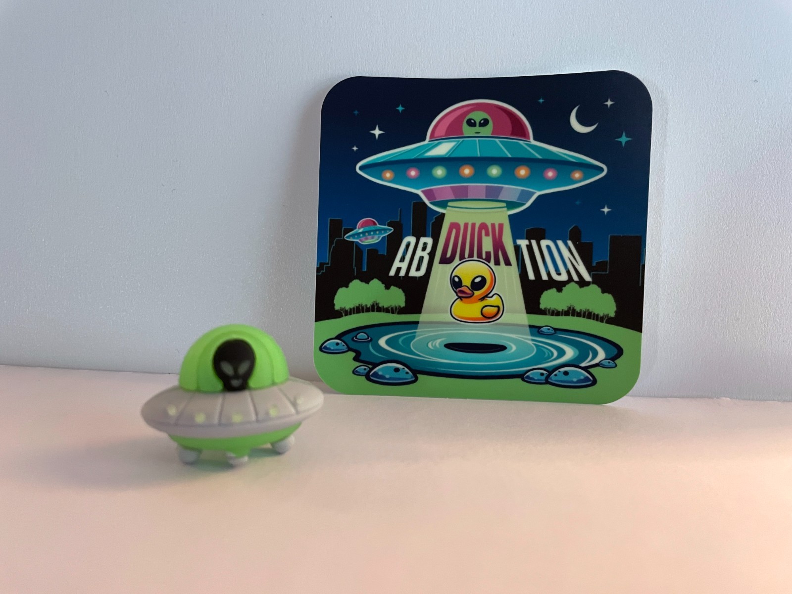2 Alien Ab-duck-tion Stickers! Extra Terrestrial Glow in the Dark! Vinyl Decal
