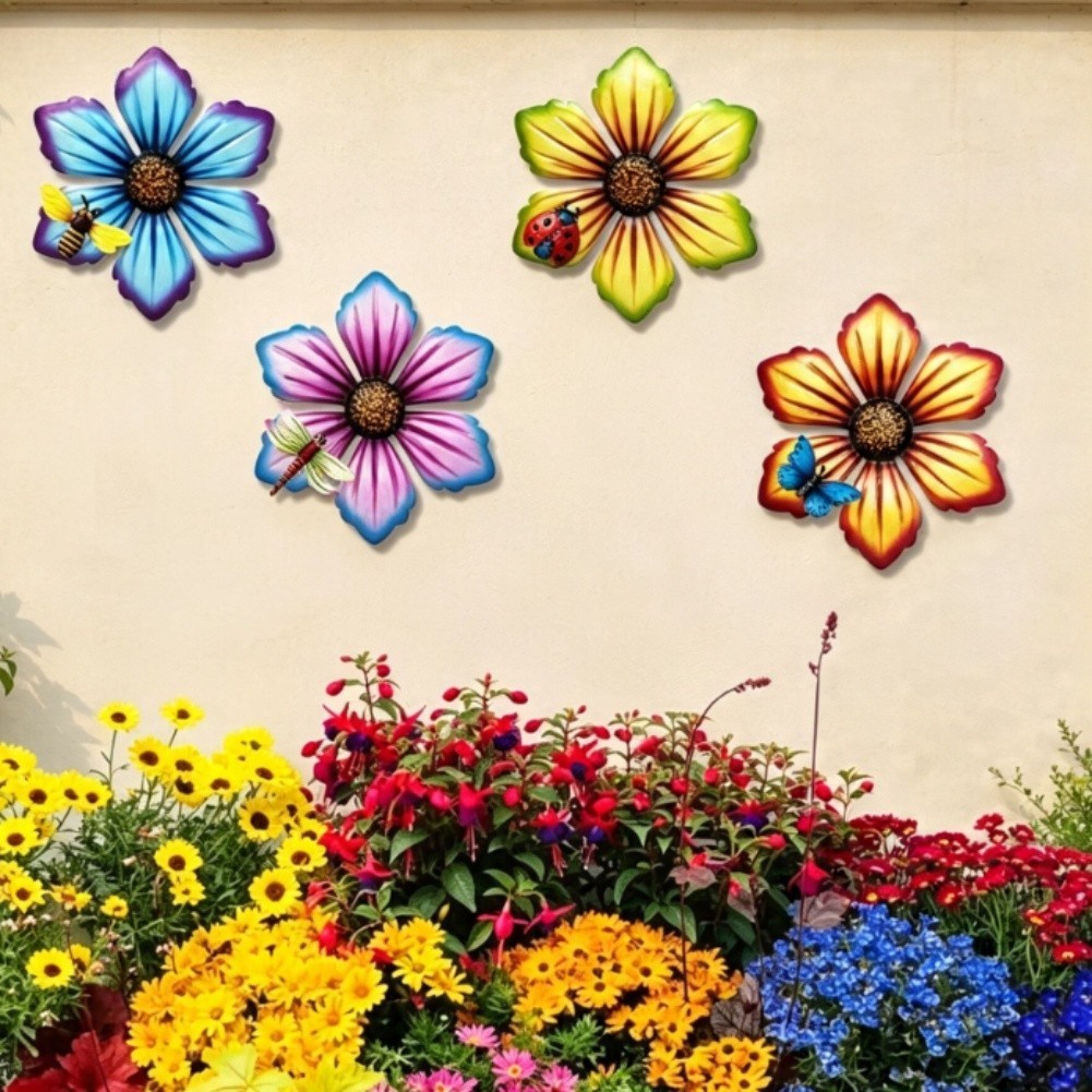 Outdoor Metal Flower Wall Decor Set of 4 for Yard Patio Porch Indoor Space