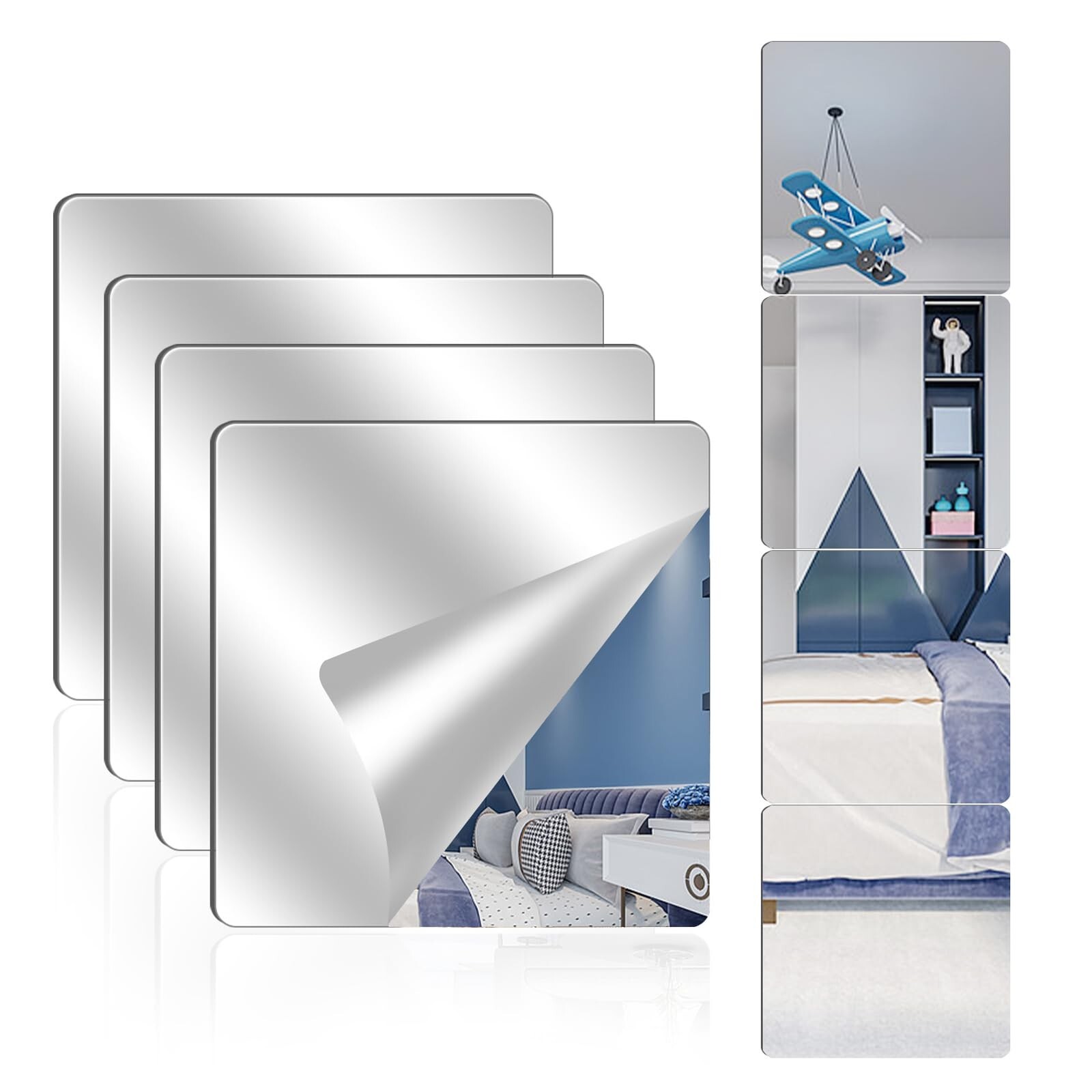 4 Pack Acrylic Mirrors for Wall,8 x 8 Inch Self Adhesive Frameless Small Mirr…