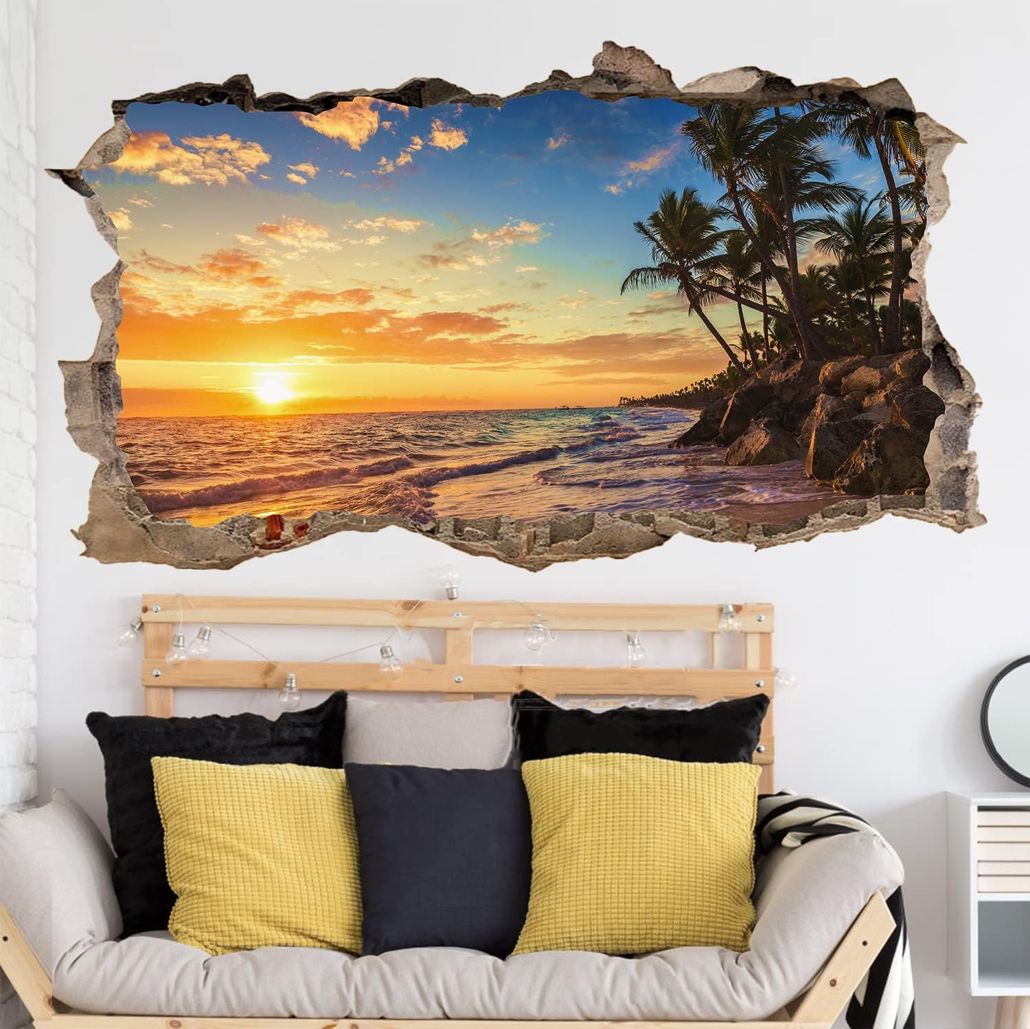 3D Sunset Beach Wall Decals, Peel and Stick Art Murals, Palm Tree Stickers
