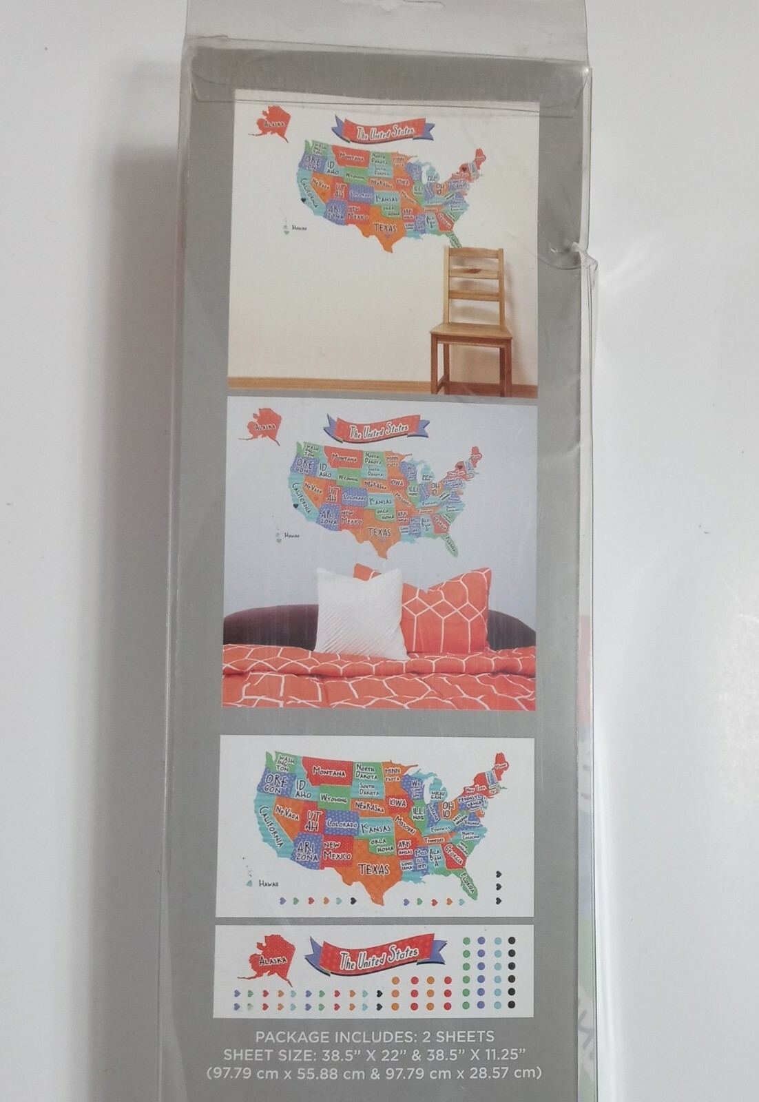 New United States Map Vinyl Wall Decal Decor Bright Colors 42" x 26" NIB