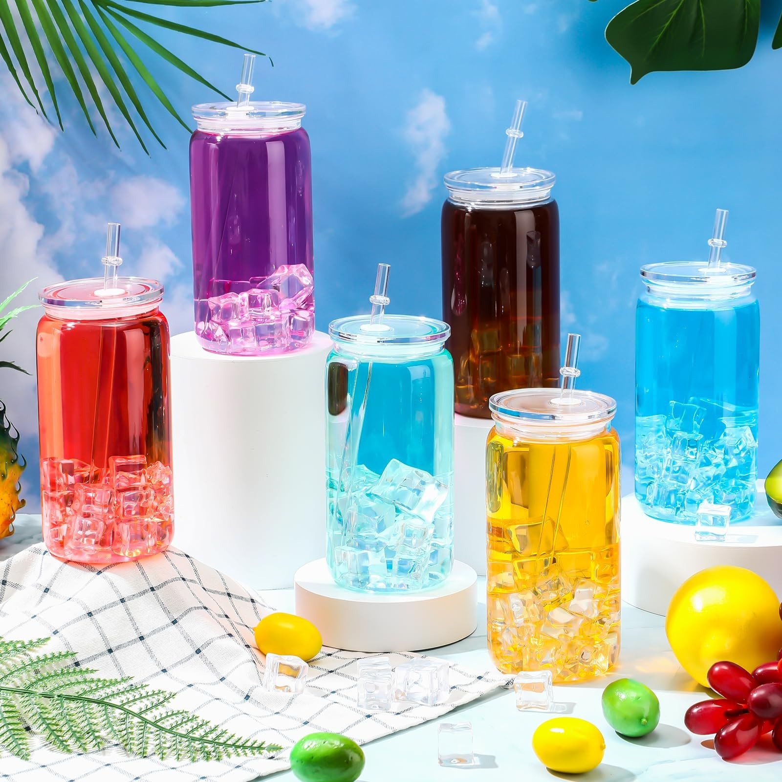 6 Pack Acrylic Mason Jars with Lids and Straws 16 oz Drinking Plastic Tumbler…