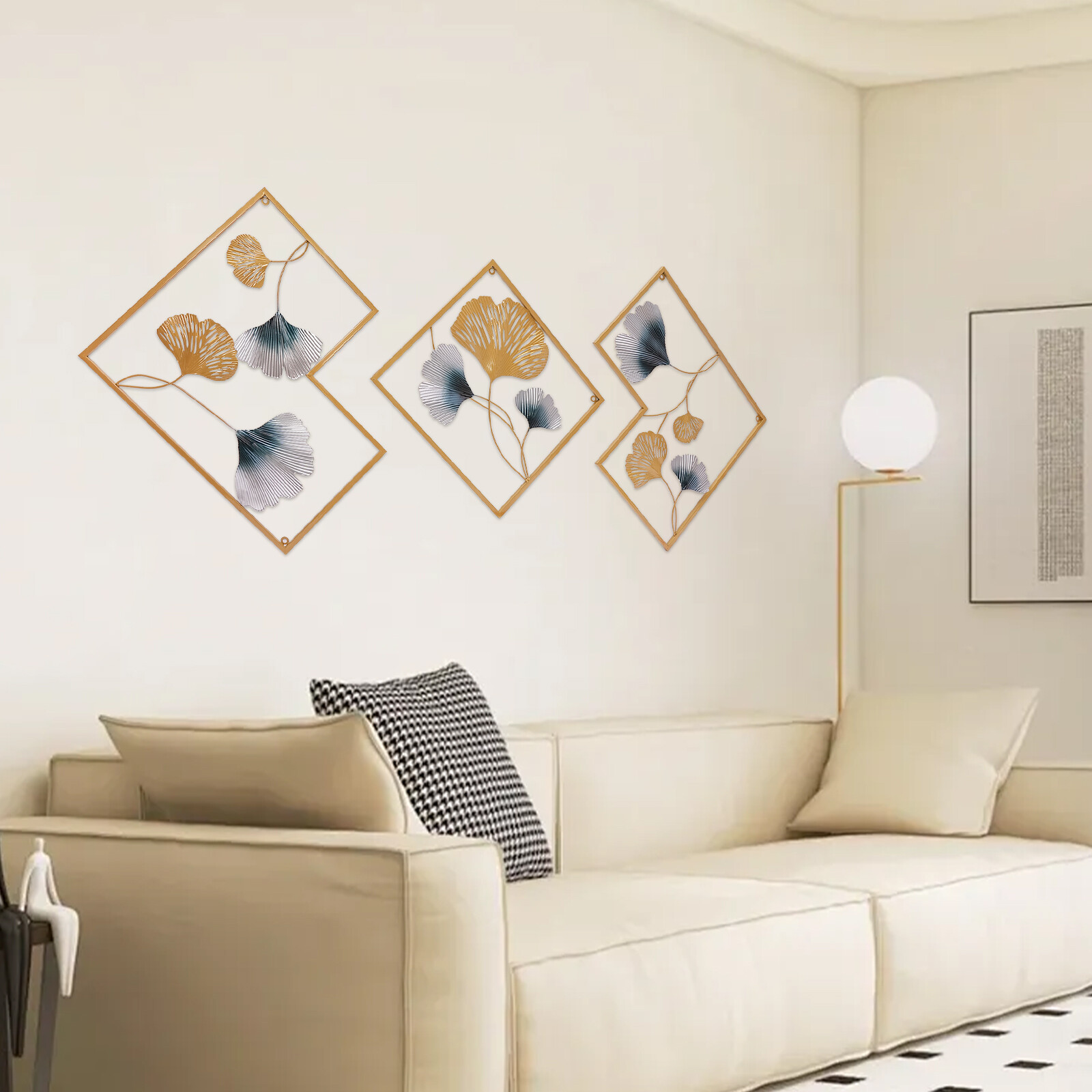 3Pcs 164 x 70.5cm Metal Wall Art Hanging Sculpture Decor 3D Ginkgo Gold & Blue