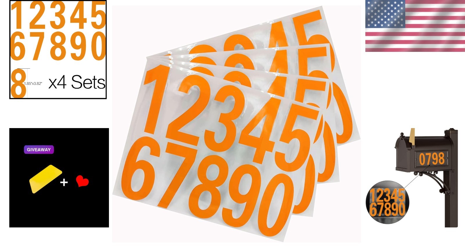 Mailbox Numbers Reflective Stickers for Outside,4 Sets(0-9) 4 Inch Orange Vinyl