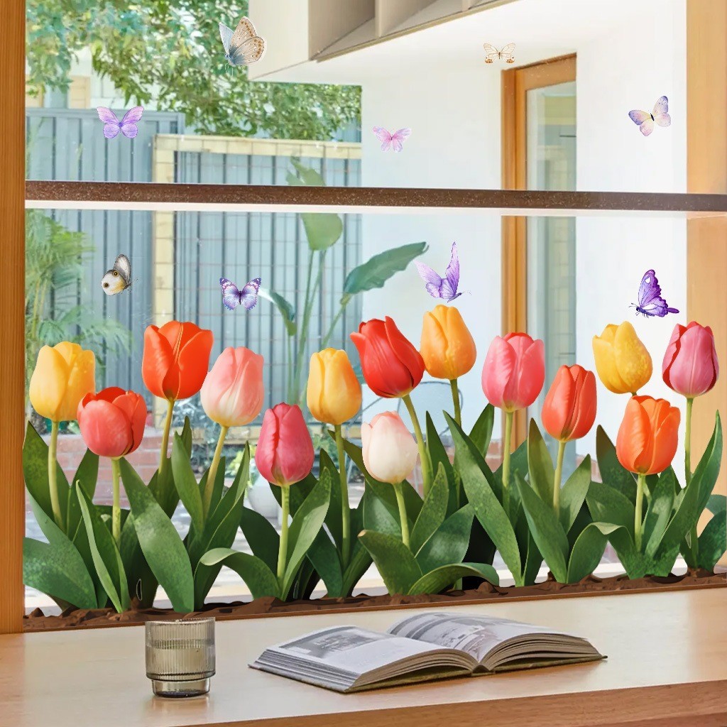 Colorful Tulip Static Cling – Waterproof Reusable Window Decal 15.7×7.9 inches