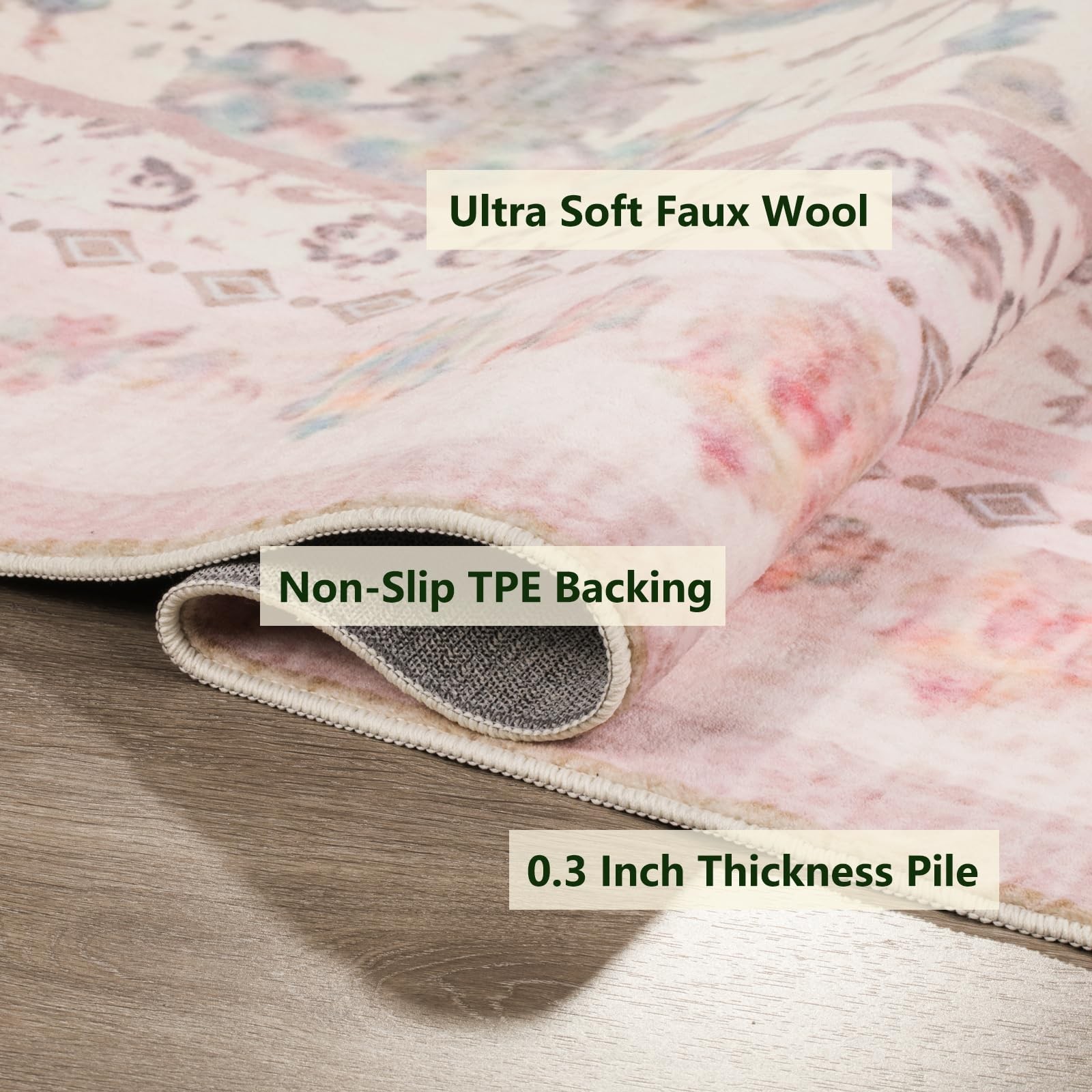 Area Rug – Vintage 5×7 Non-Slip Backing Area Rugs Light Pink Soft Faux Wool C…
