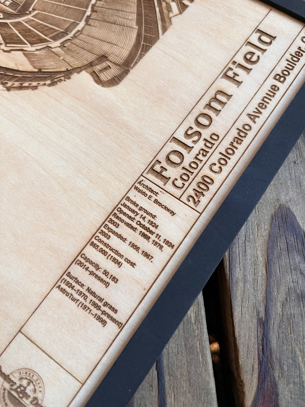 Folsom Field Boulder, Colorado Wood Engraved Blueprint