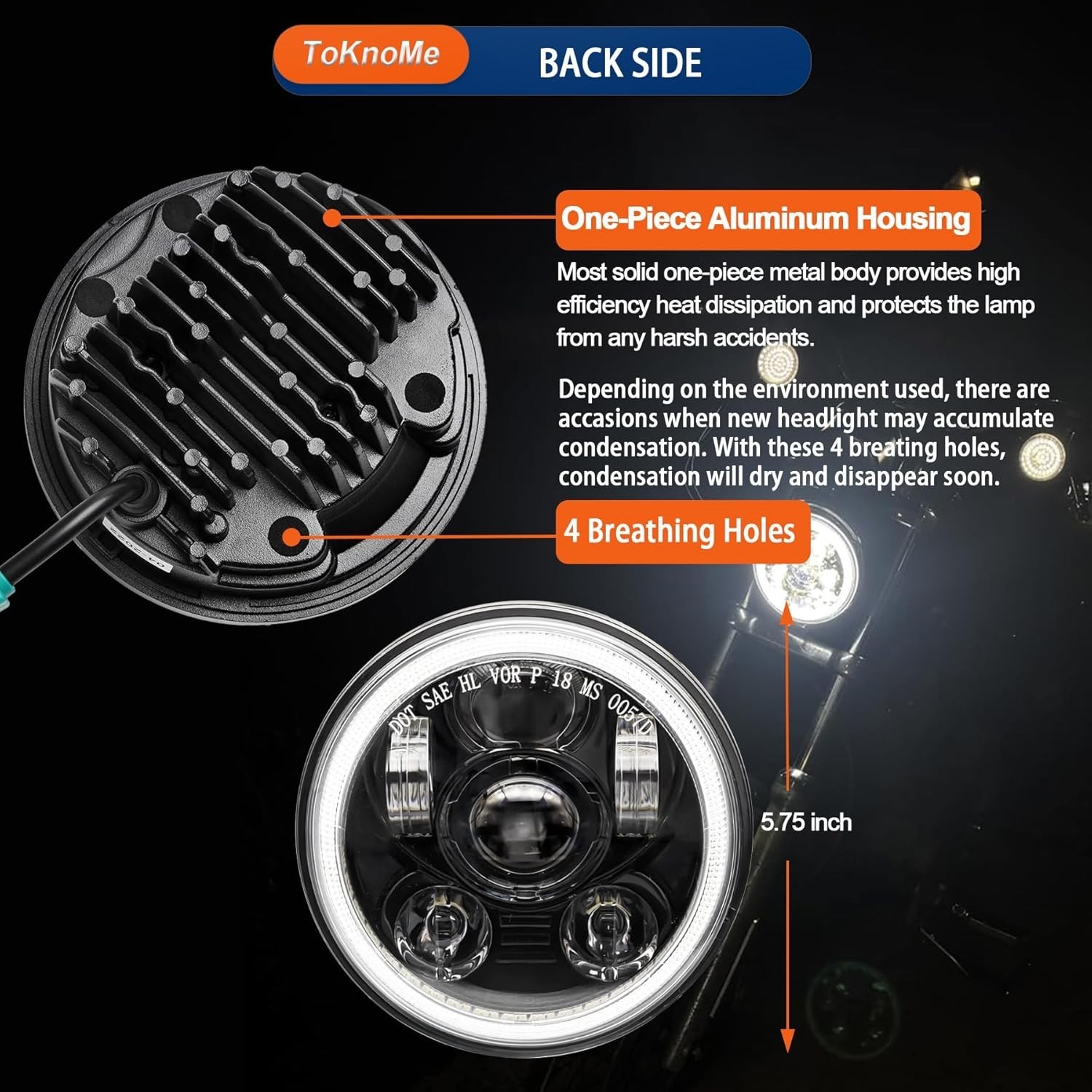 5-3/4 5.75 Inch LED Headlight Halo DRL Compatible with Harley Davidson Dyna Spor