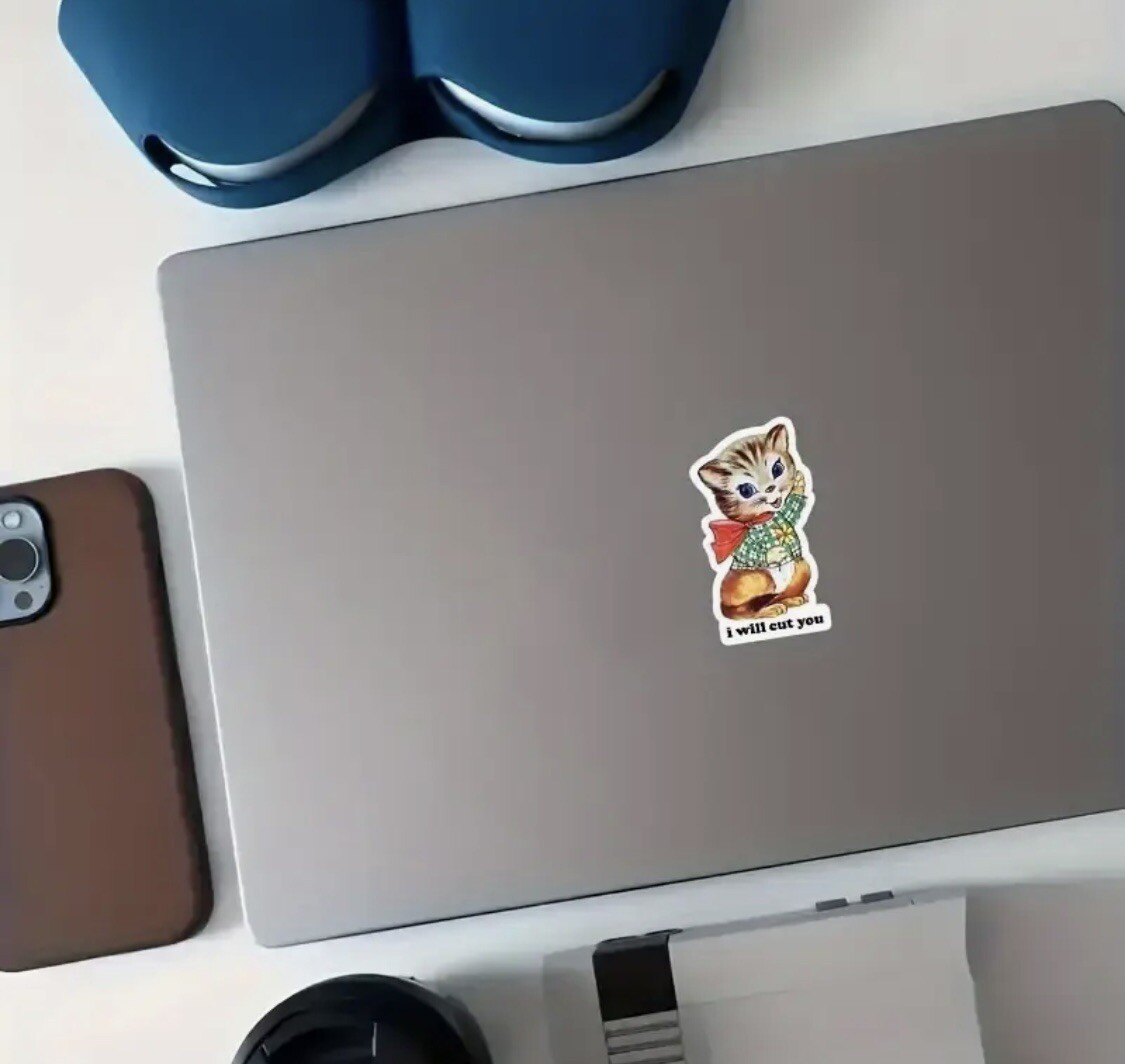 Decal – Cute Cat I Will Cut You, Funny Kitty Sticker Retro Vintage Style