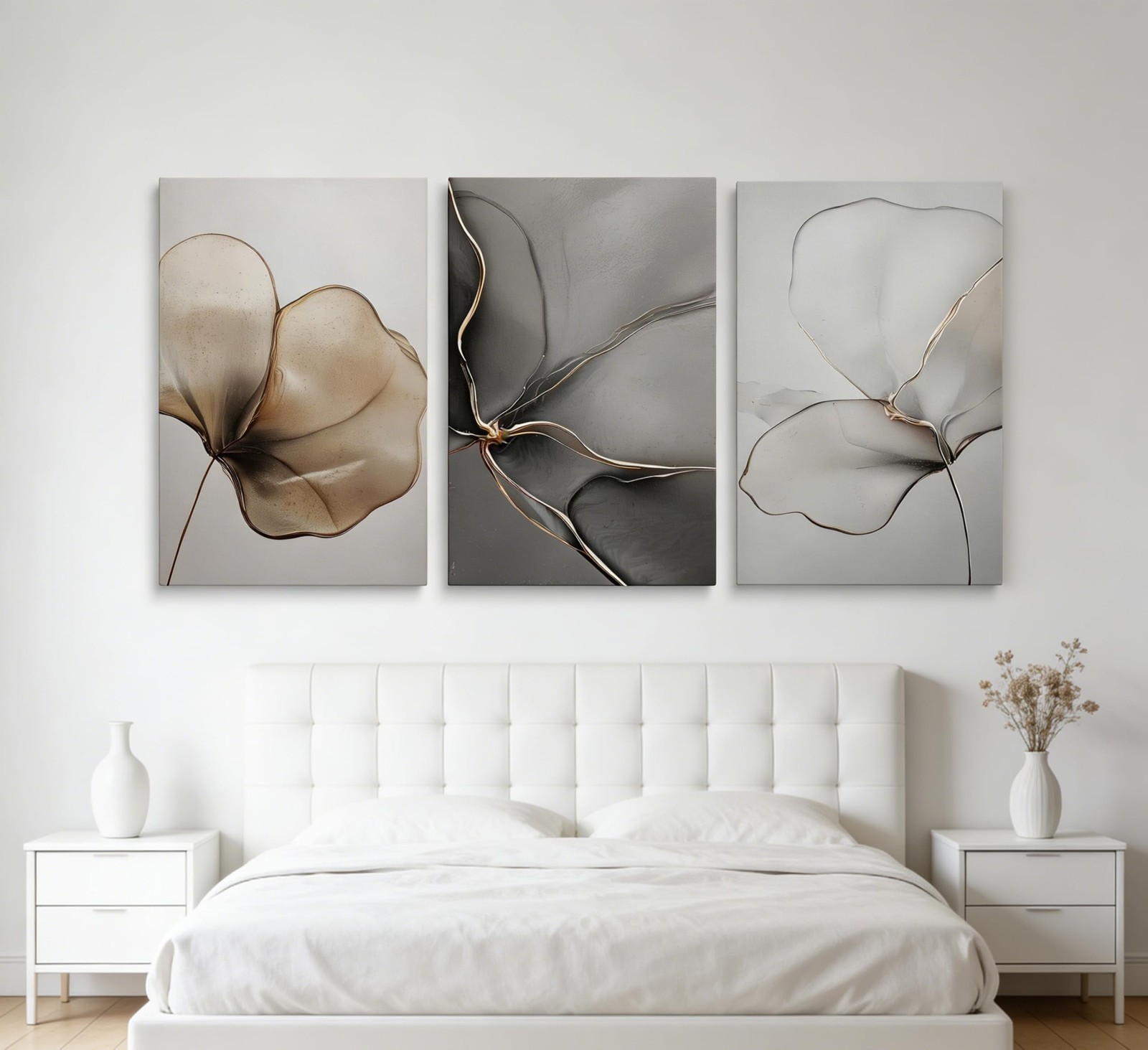 Abstract Floral Canvas Wall Art – Minimalist Gold Line Petal Picture Wall Dec…