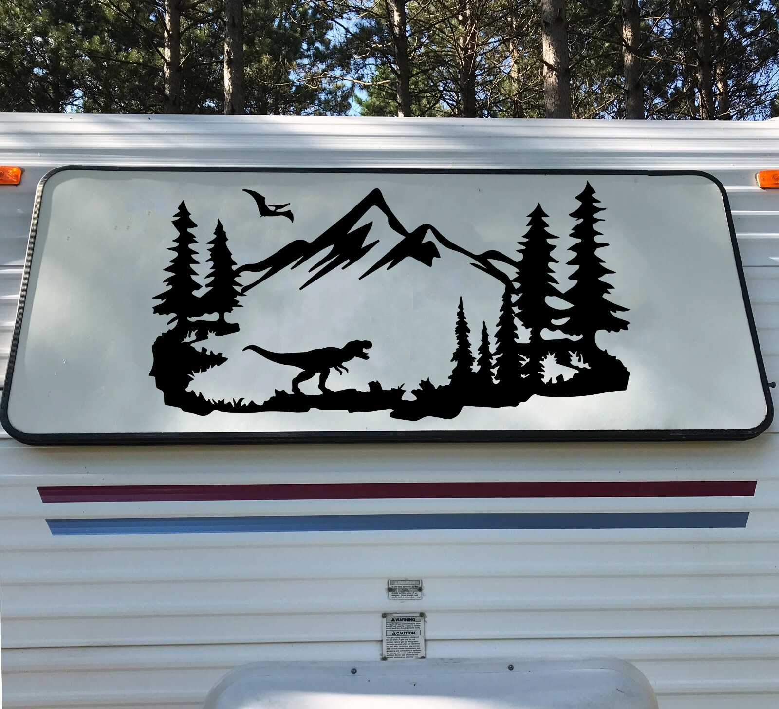 T-Rex Mountains Scene Vinyl Decal V2 – Pterodactyl Dinosaur RV Travel Trailer