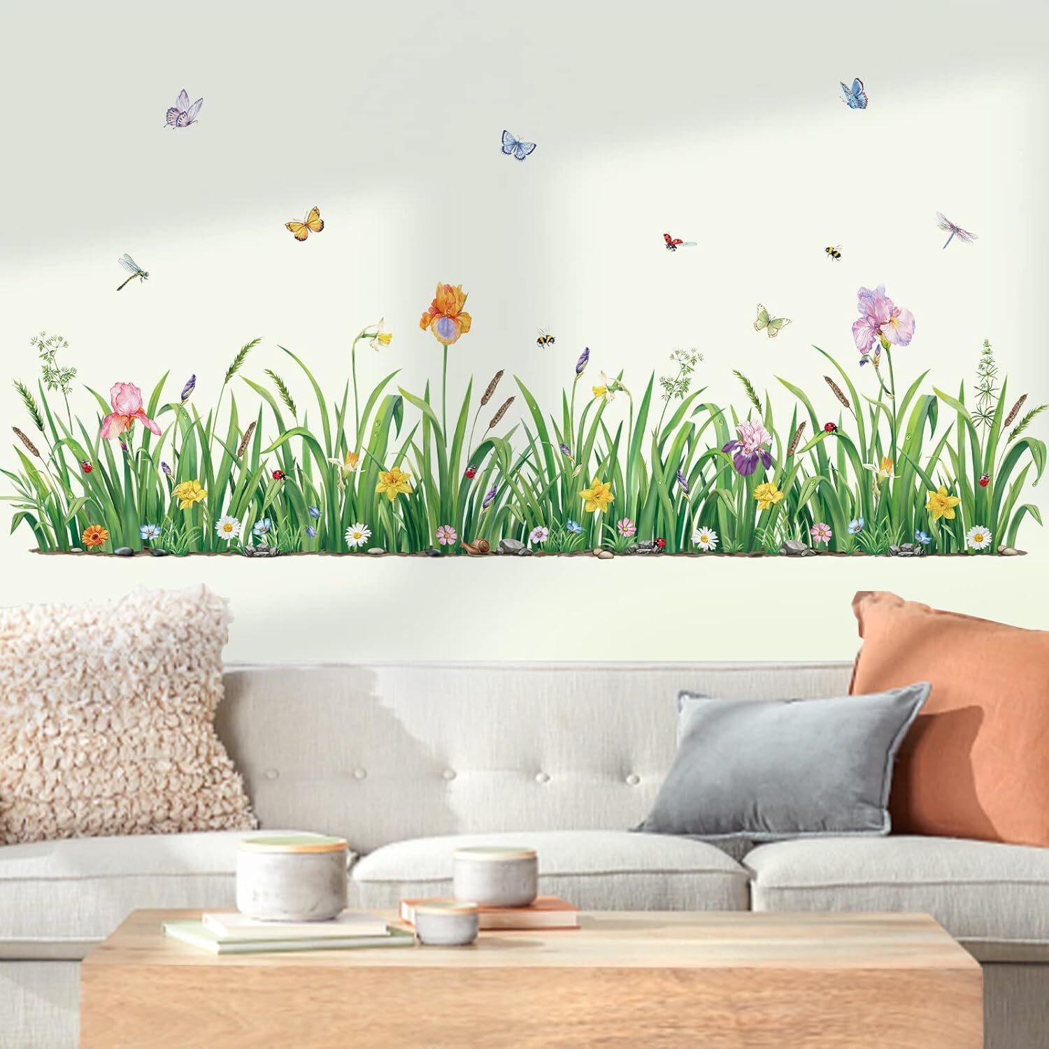 decalmile Green Grass Flower Wall Corner Decals Floral Butterfly Multi Color