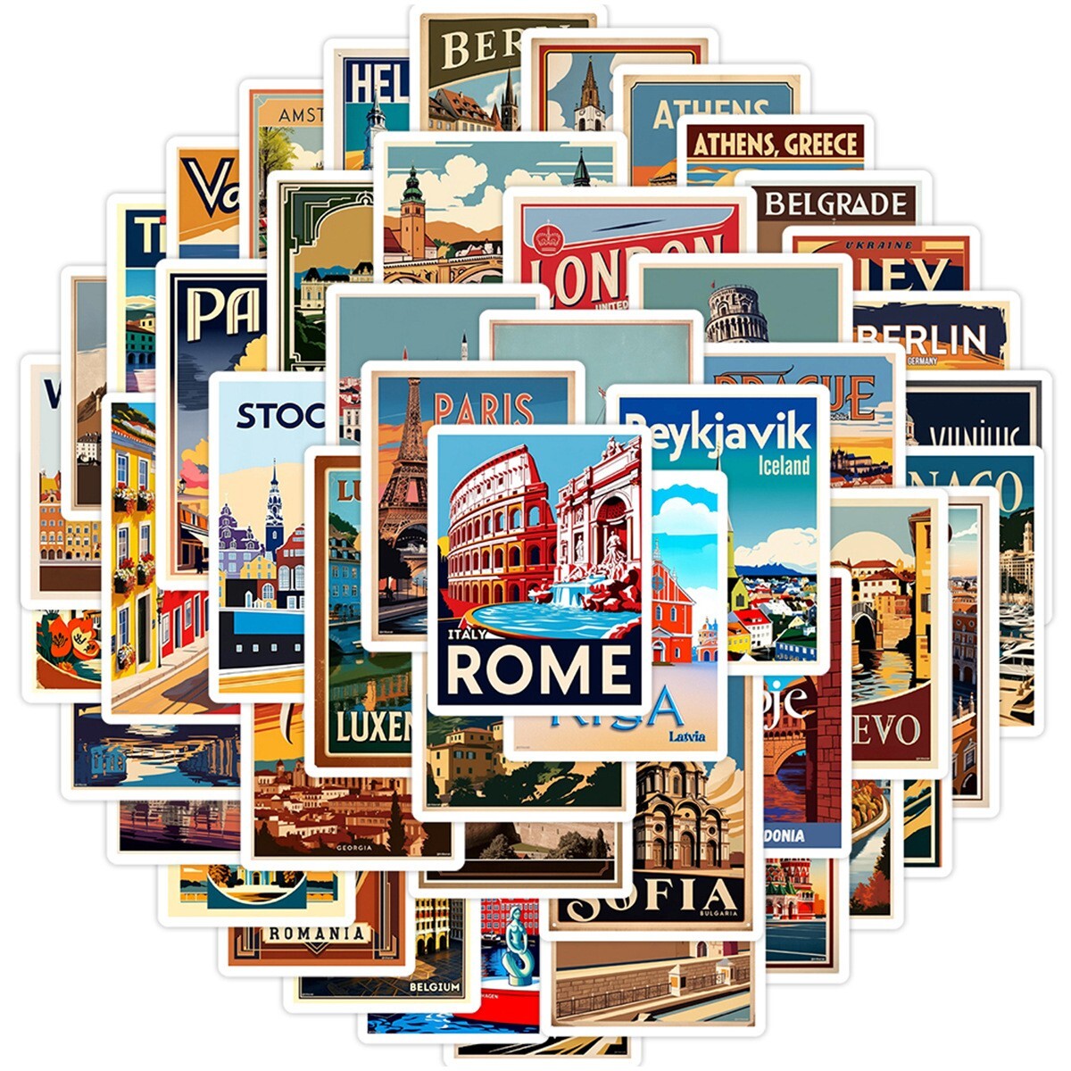 50pc Waterproof Stickers Europe Iconic Landmarks Trip Vacation Luggage Phone Car