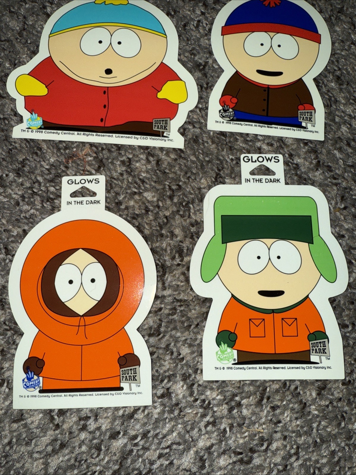SOUTH PARK CARTMAN, KENNY, KYLE AND STAN VINYL STICKERS Glow In The Dark 1998