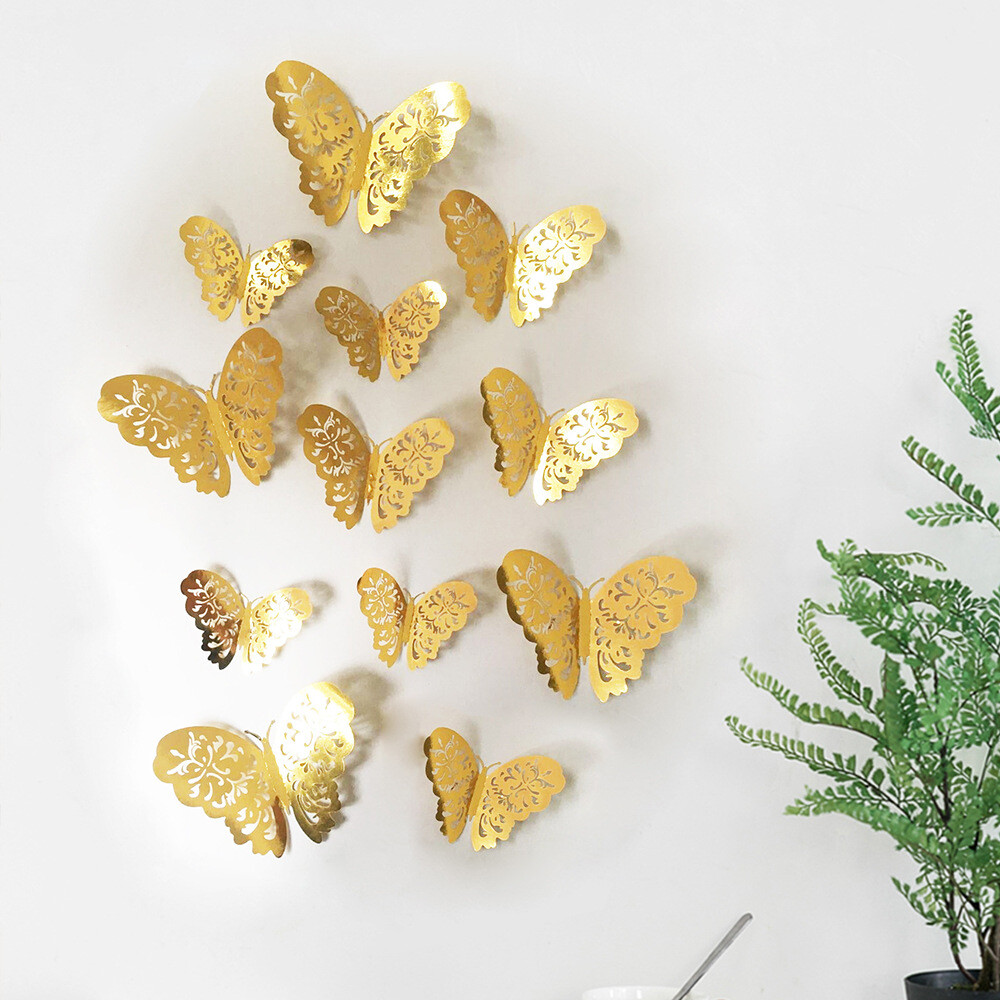 12 pcs 3d cute rose, silver, and gold butterfly wall decor, party, wedding, diy