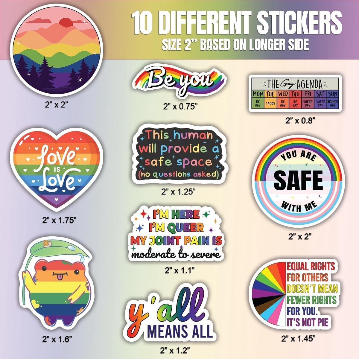 Set of 10 Cute LGBTQ+ Stickers – Durable Vinyl & Fade-Resistant 2 Inch Decals