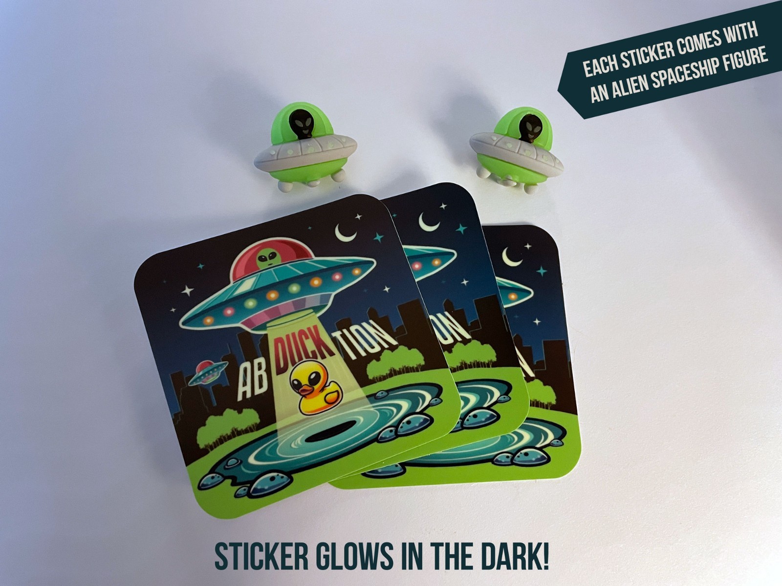 2 Alien Ab-duck-tion Stickers! Extra Terrestrial Glow in the Dark! Vinyl Decal