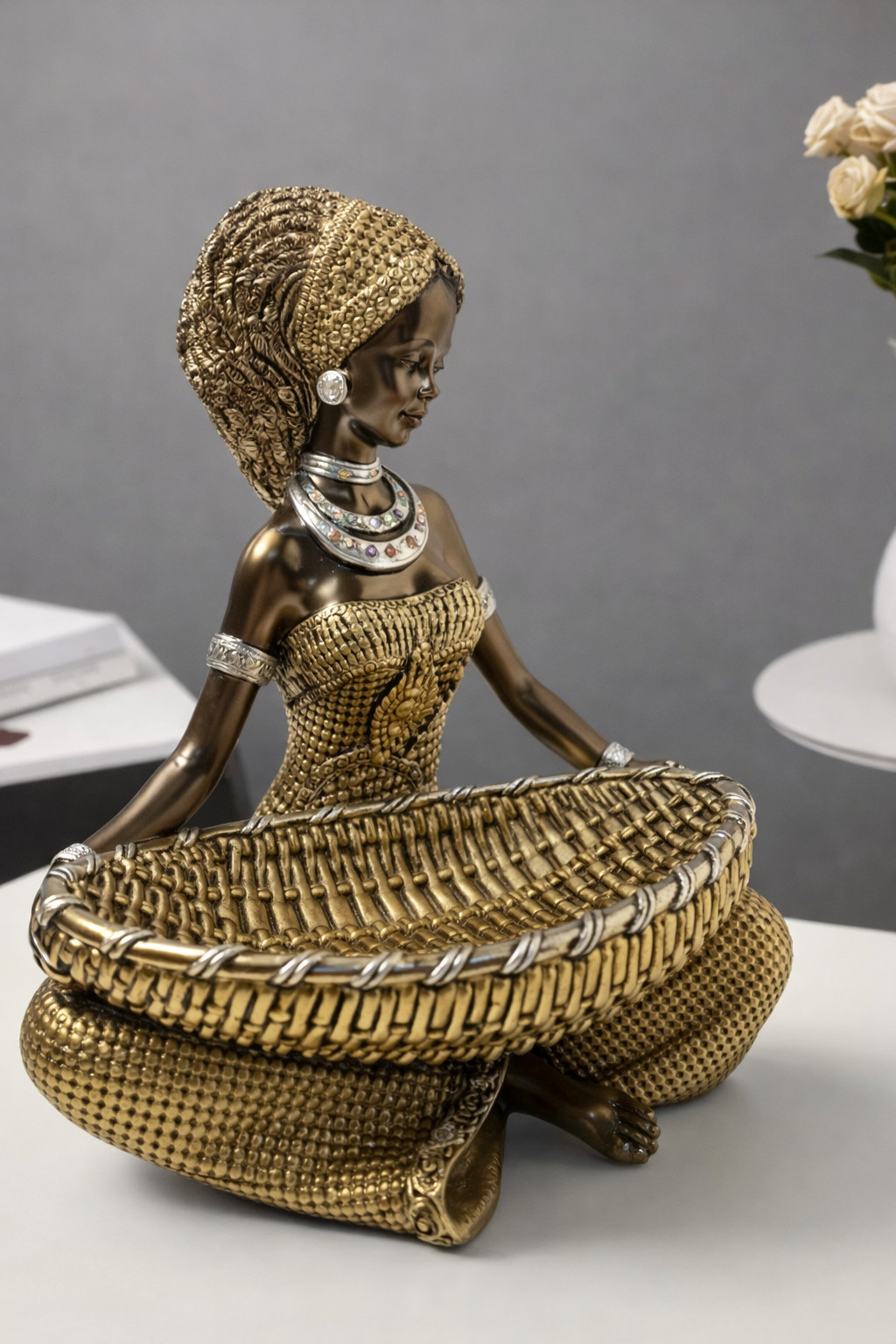 African Woman Statue Jewelry & Key Holder Resin Figurine Home Decor