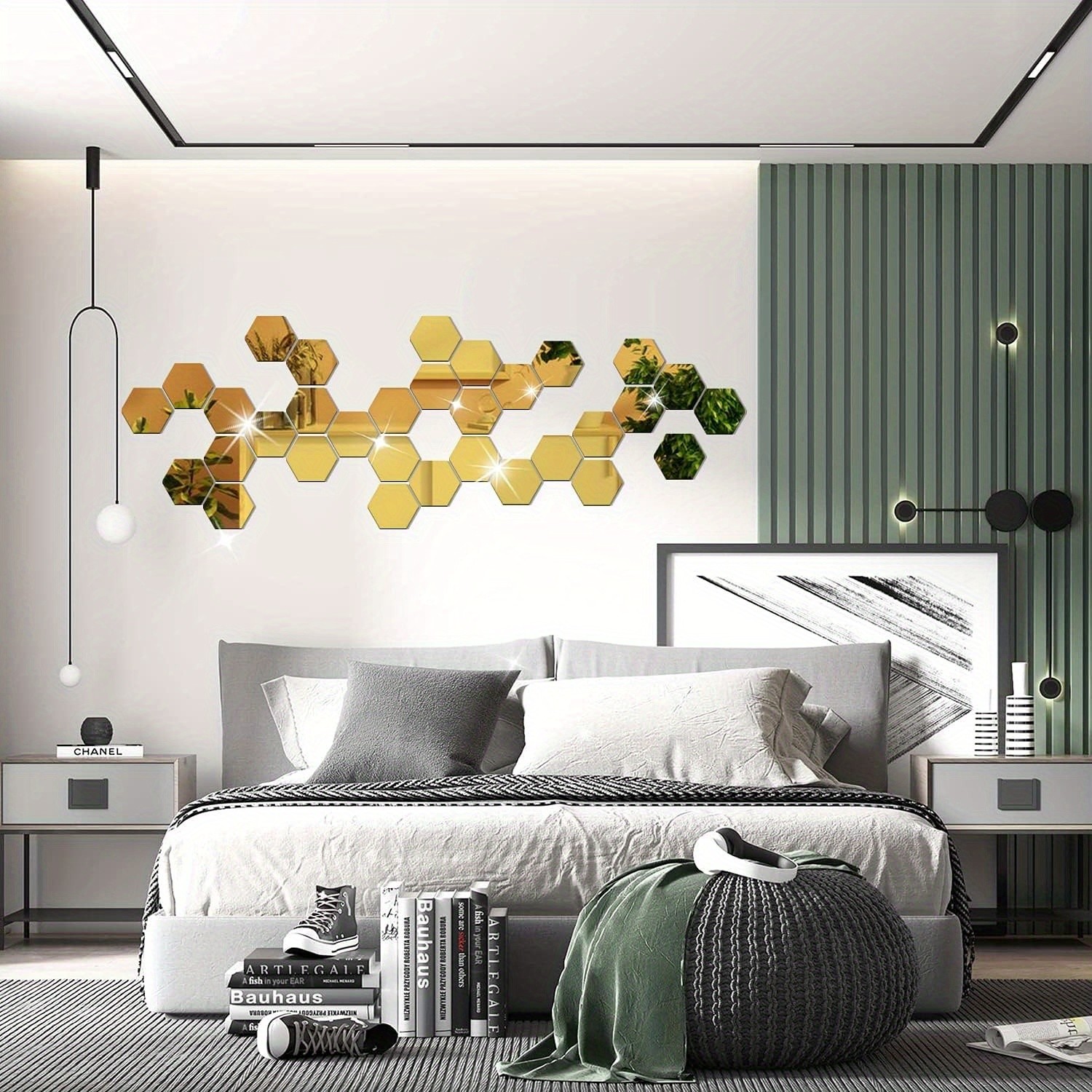 24Pcs Large Hexagonal Mirror Wall Stickers Boho Living Room Background Wall Art