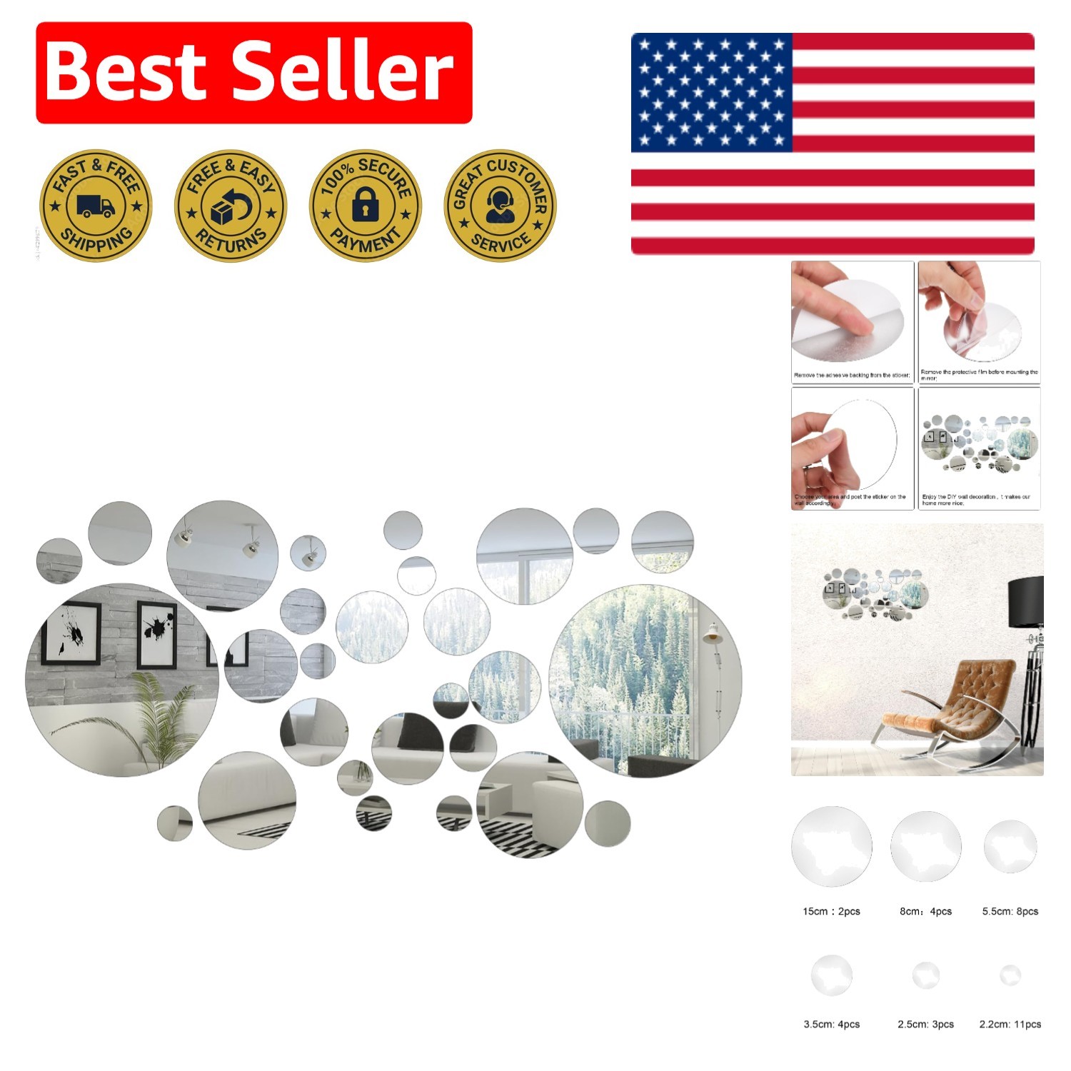 Transform Your Space: 32 Acrylic Mirror Decals with Reflective Circular Design