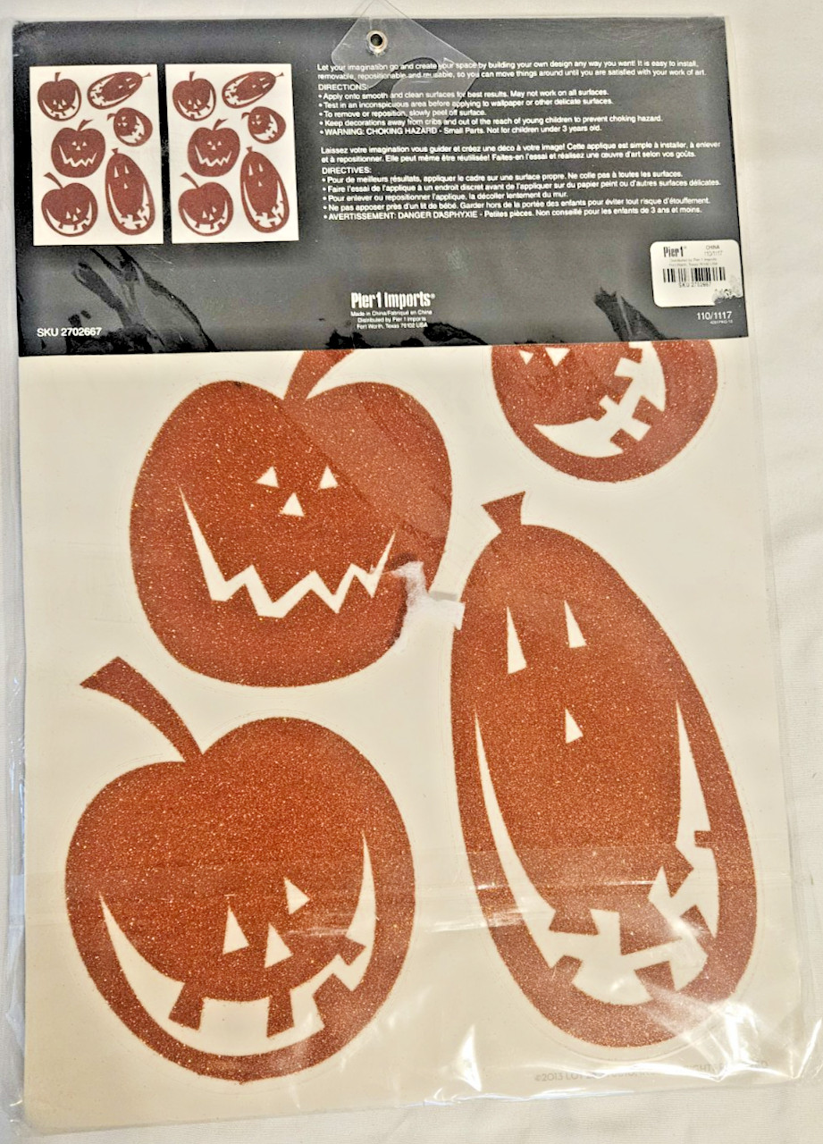 NWT Pier1 Imports Halloween Sparkle Pumpkin Glitter Peel And Stick Wall Appliqué