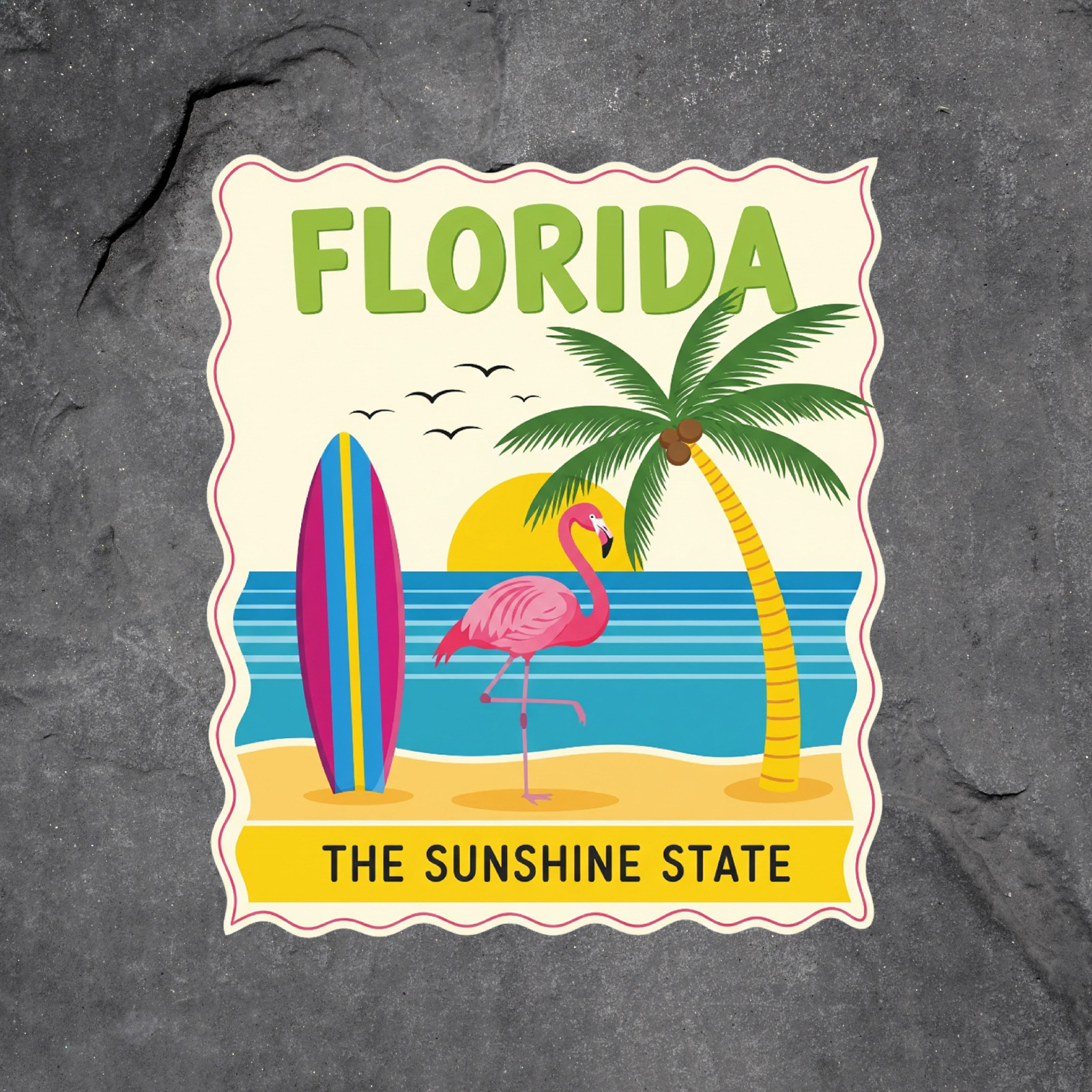 Florida Sticker Vinyl Decal Flamingo Beach Palm Tree Surfboard Sunset Art
