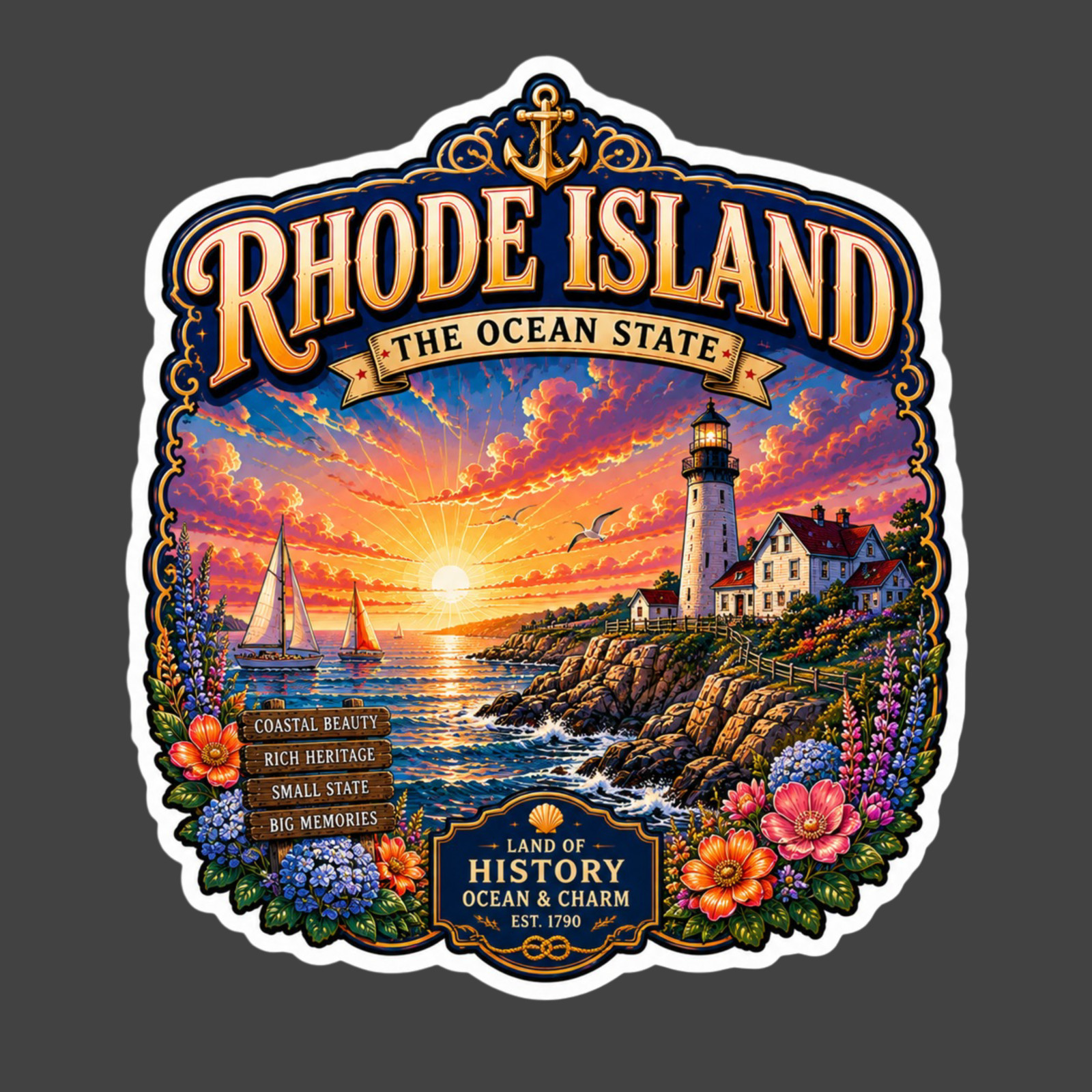 Rhode Island Sticker Vinyl Decal New England Coast Lighthouse Travel Souvenir