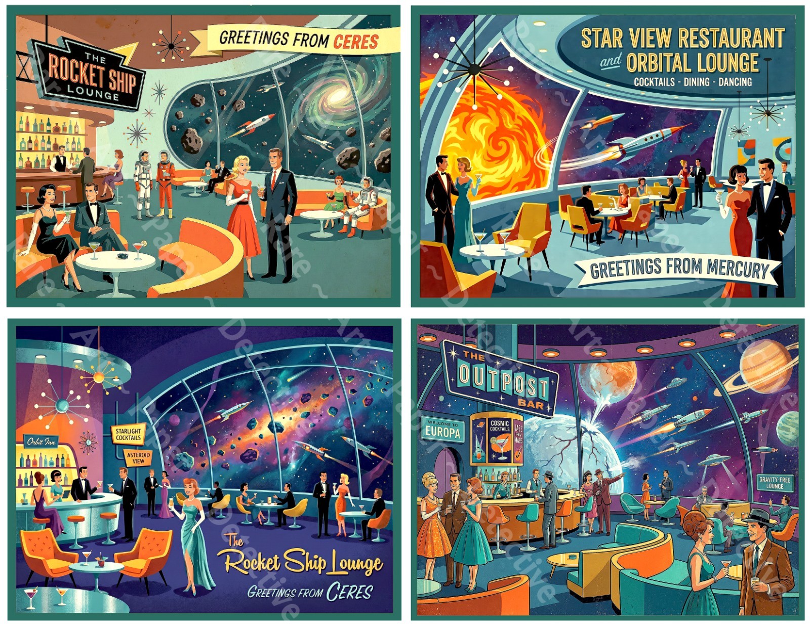 Space Adventure Bar Stickers, Mid-Century Modern, 4 Labels on 1 Sheet, 1542
