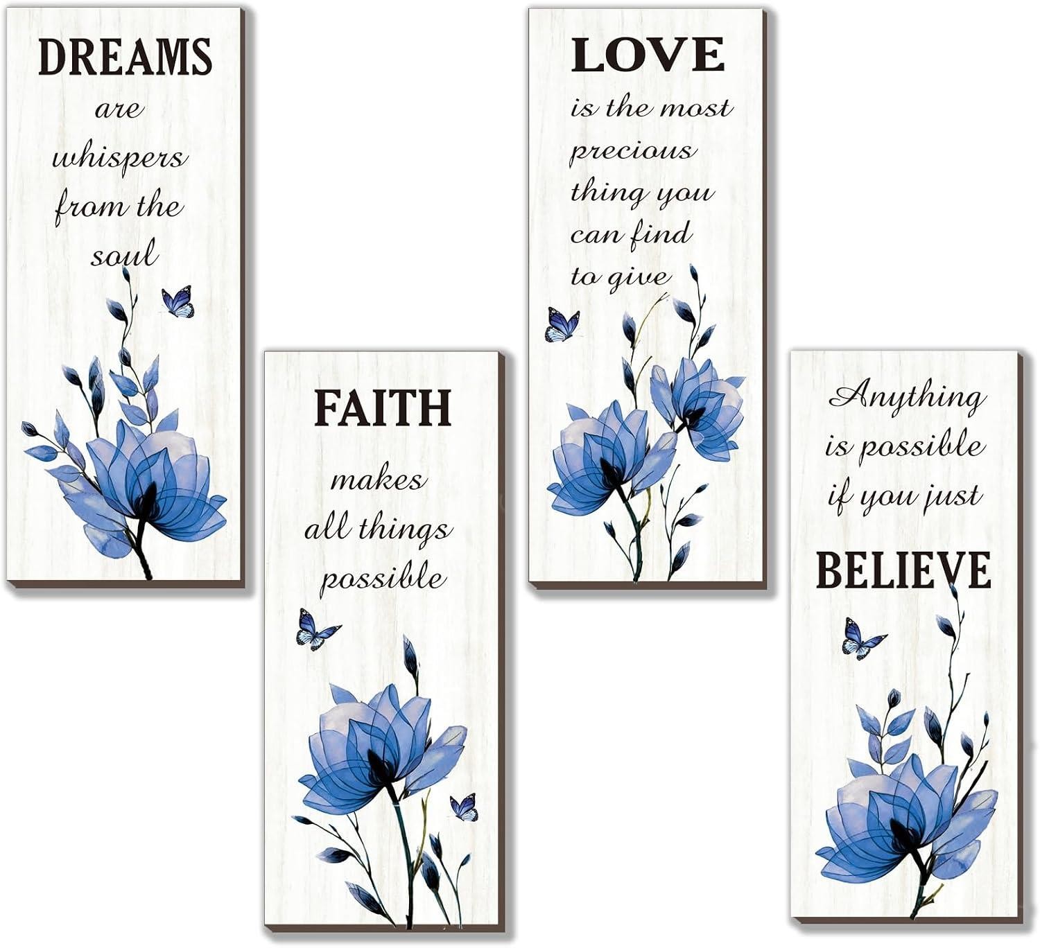 4 Pcs Blue Bathroom Decor Blue Wall Decor With Flower Dreams Faith Love Believe