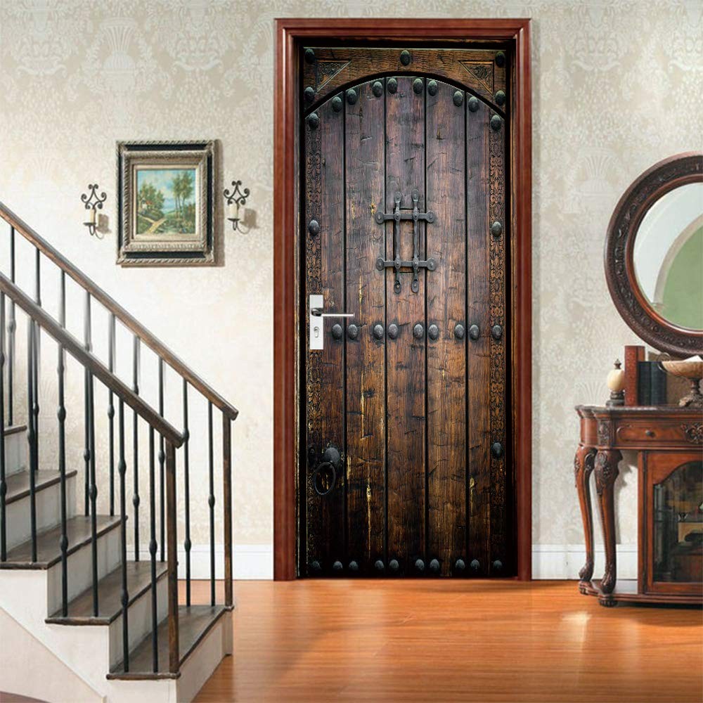 COLORSPRING 3D Dark Wood Door Decal Stickers Peel and Stick, Door Mural Cover…