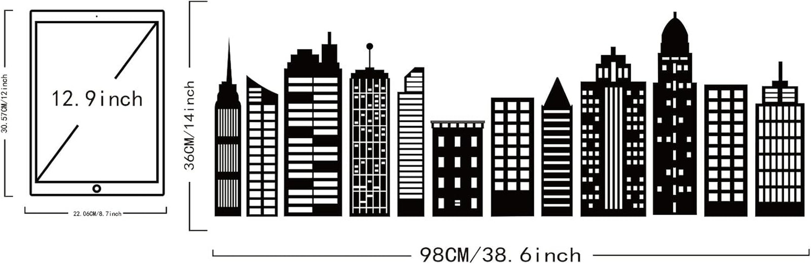 Cityscape Wall Stickers Buildings Silhouettes PVC Decals 38.6X14In