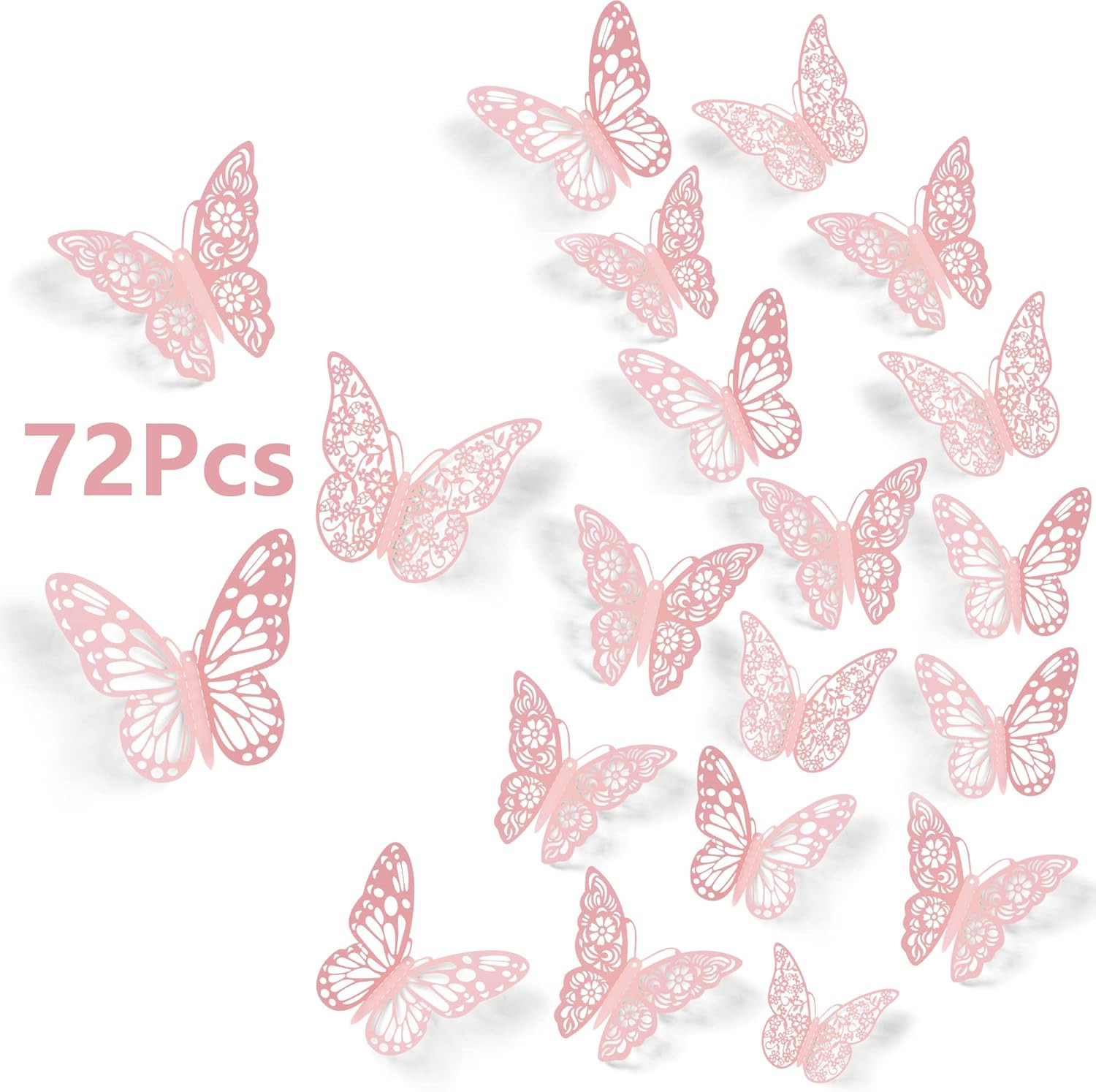 3D Wall Decor, 72 Pcs 3 Sizes 3 Styles, Pink Butterfly Decorations – Removable S