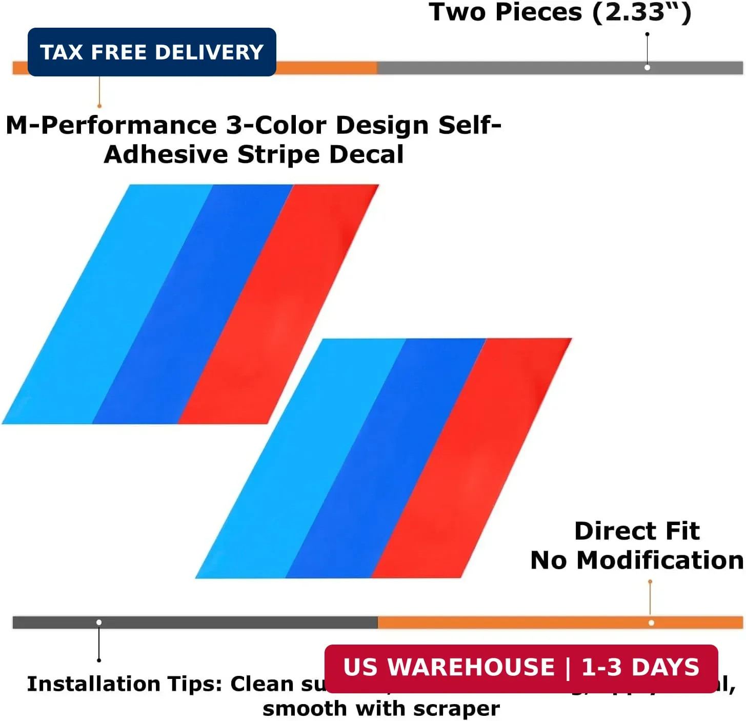 iJDMTOY 7×7-Inch Iconic 3-Color Stripe Decal Stickers Compatible with BMW Side S