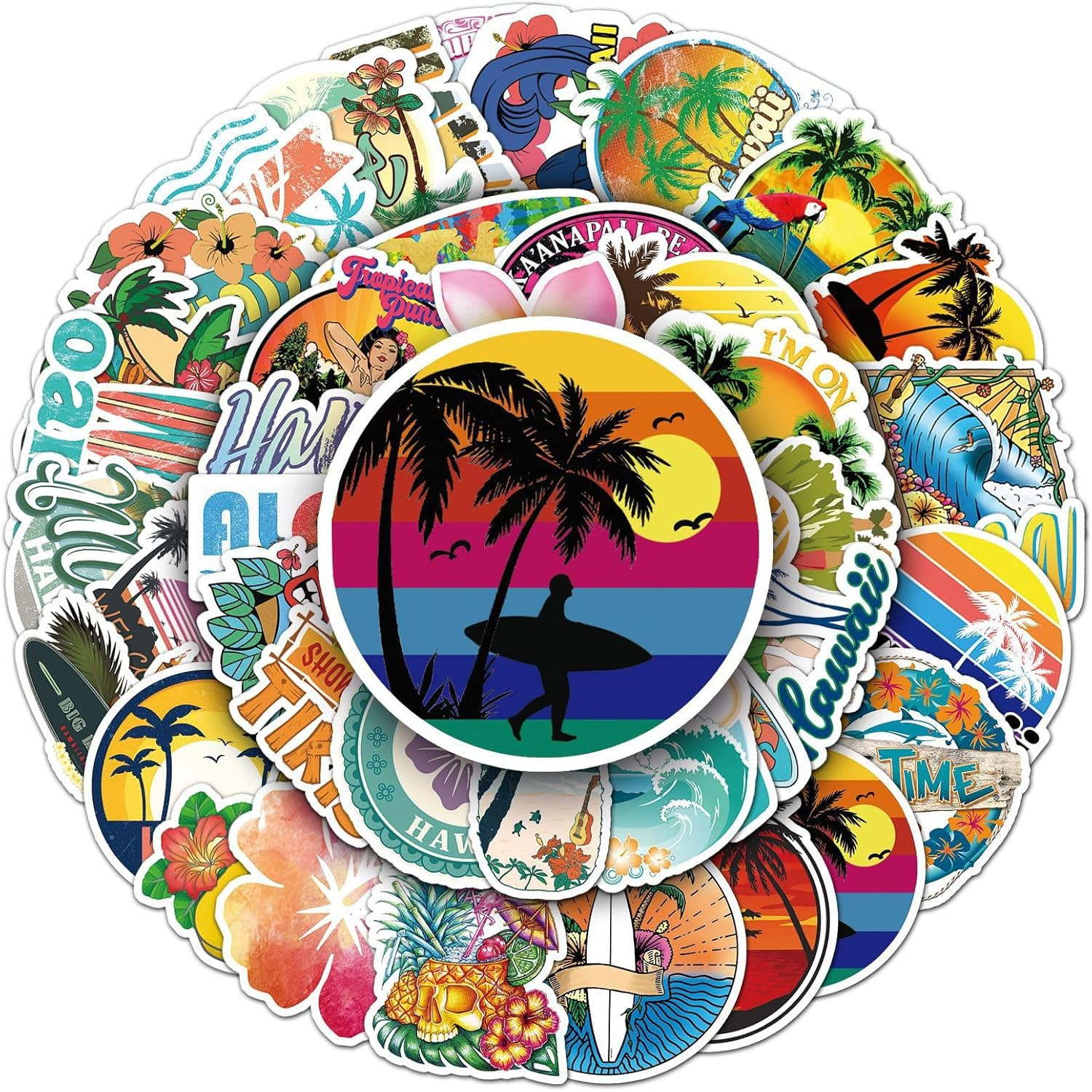 50Pcs Hawaiian Scenery Stickers – Tropical Style Creative Decor