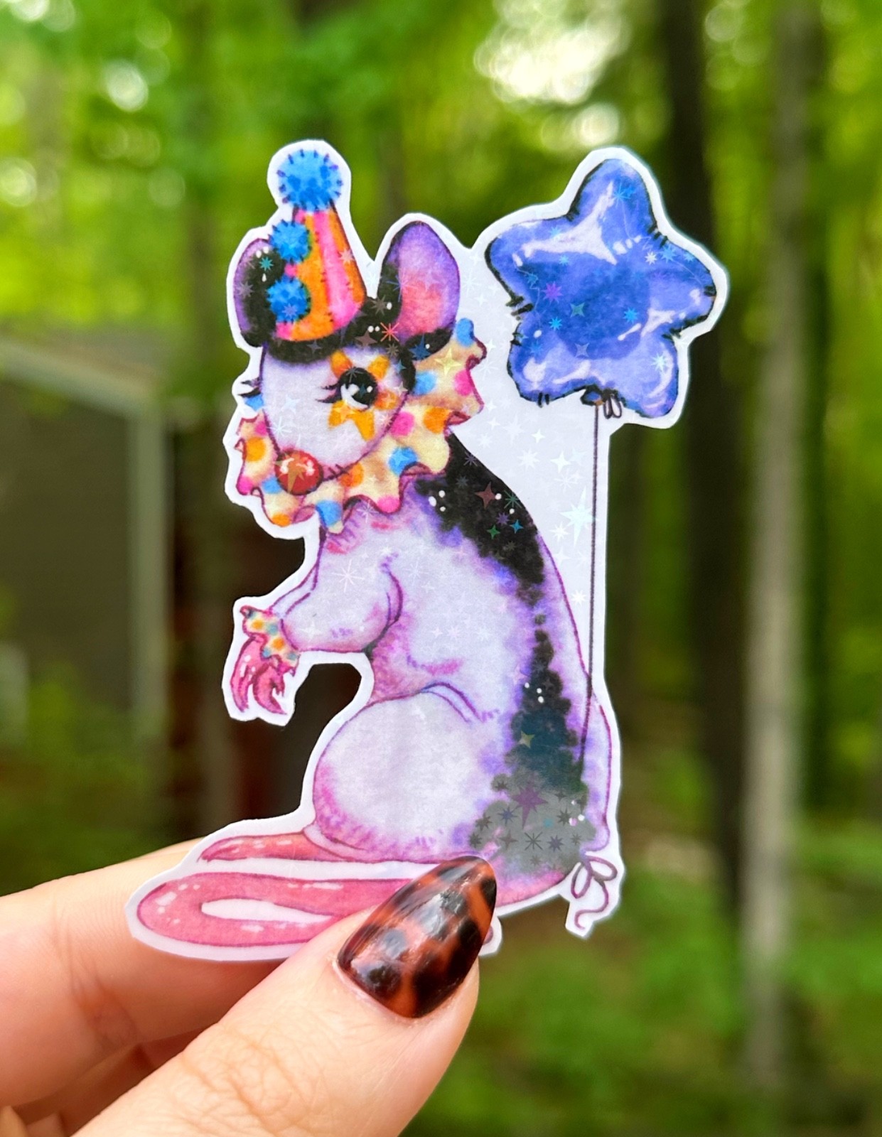 Fantasy rat clown whimsical sparkle vinyl sticker 3” original art by ASV