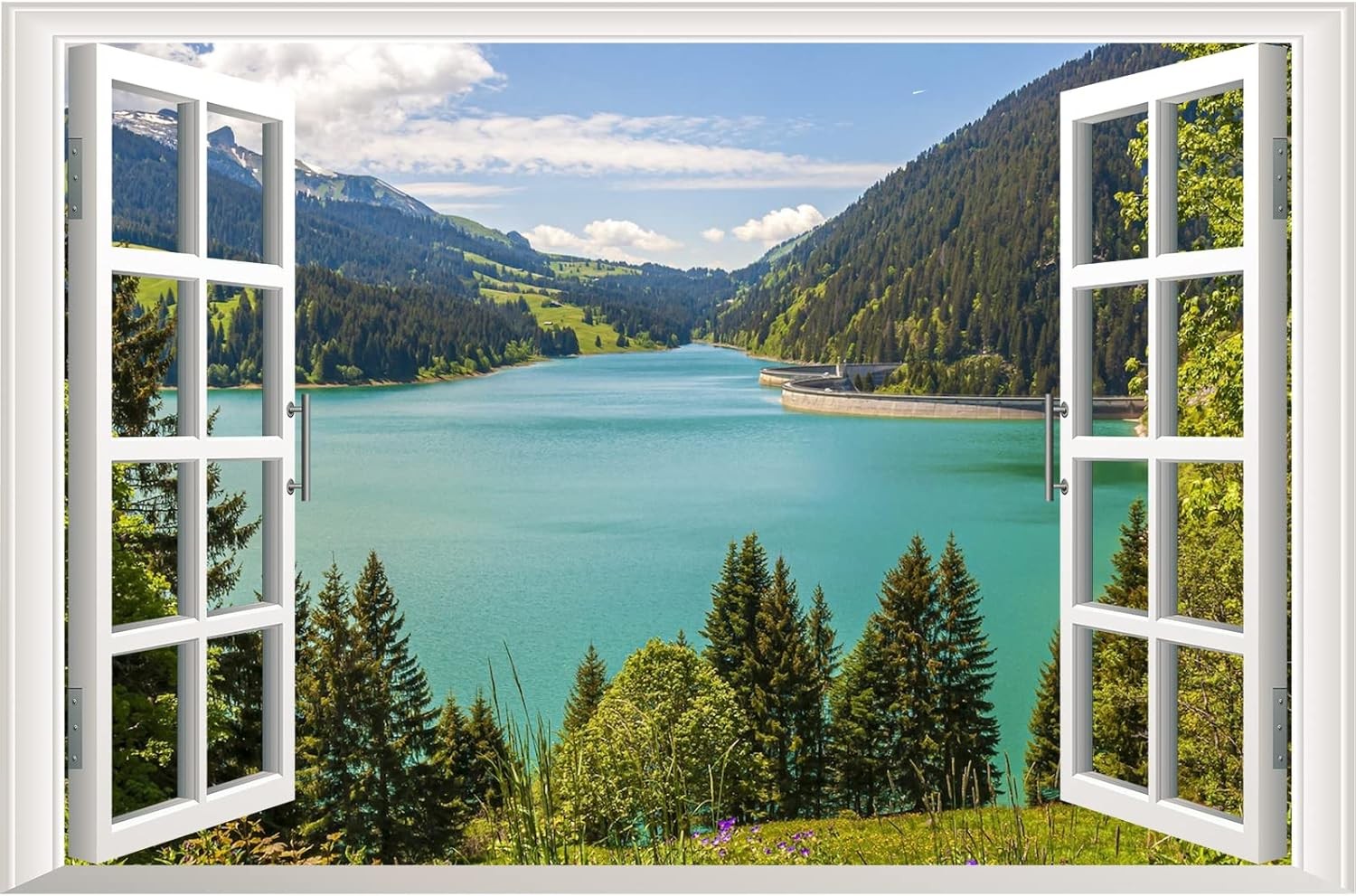 3D Lake View Fake Window Wall Stickers, Nature Mountain Forest Lake Mural, Wall