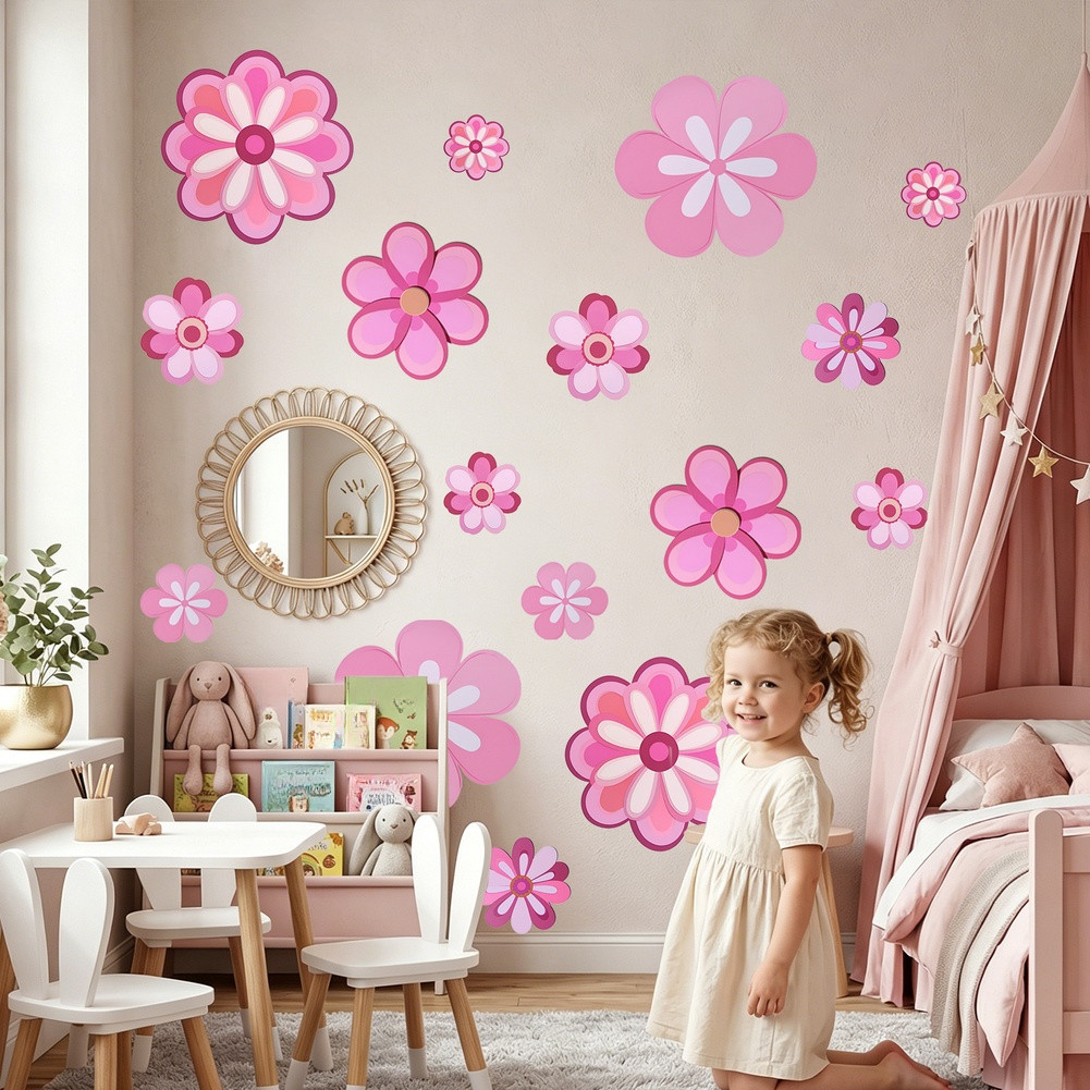 Pink Flower Wall Stickers 16pcs Waterproof Vinyl Decals for Nursery Bedroom