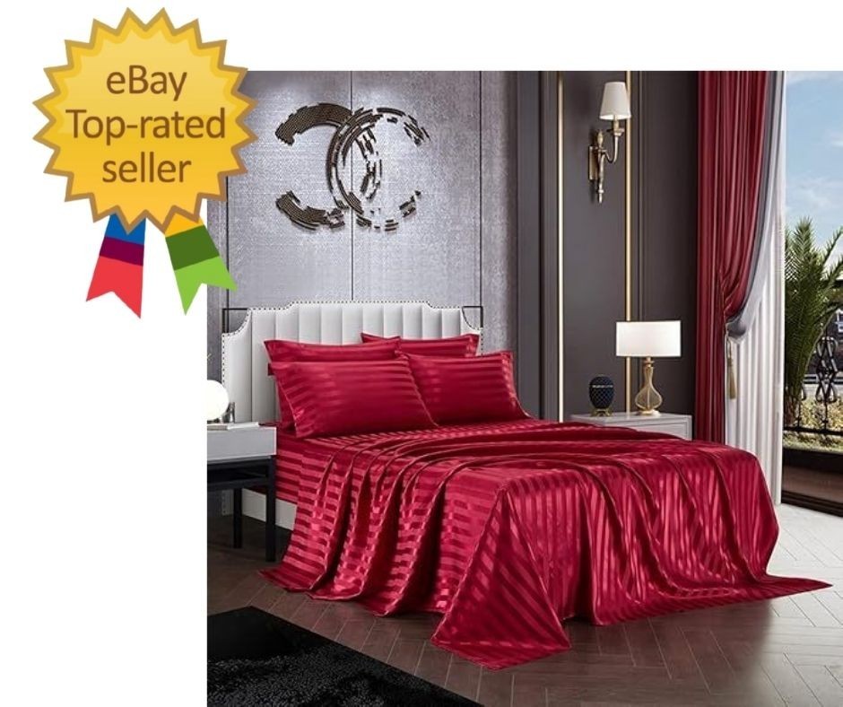 6 Piece Satin Italian Style Bed Sheet Set Deep Pocket Stripes Super Sof…