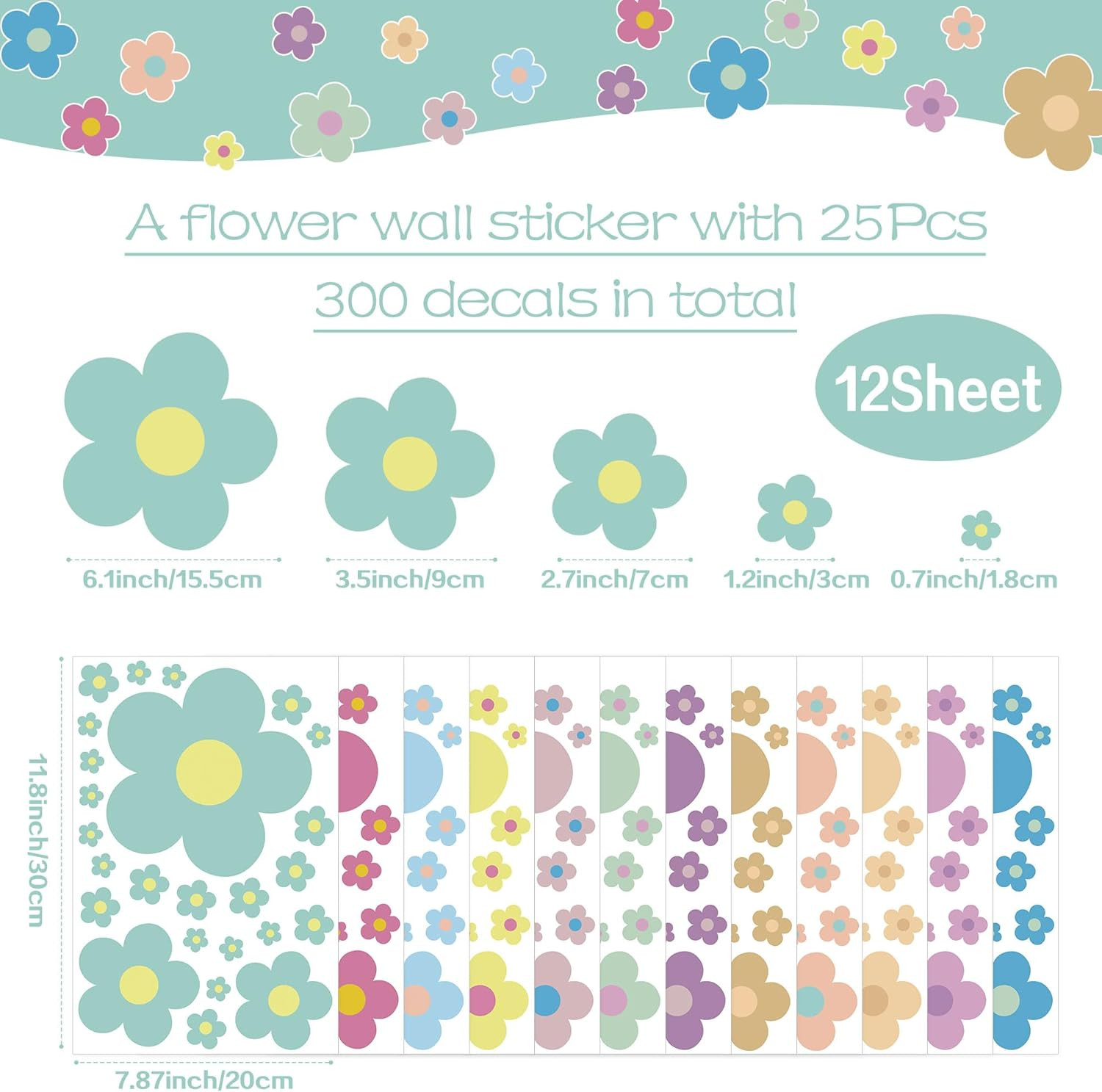 12 Sheets Flower Wall Decals Cute Colorful Vinyl Stickers for Girls Kids Room De