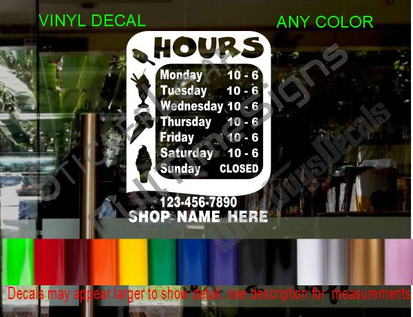CUSTOM Store hours Sign window Decal cafe restaurant Ice Cream Shop truck diner