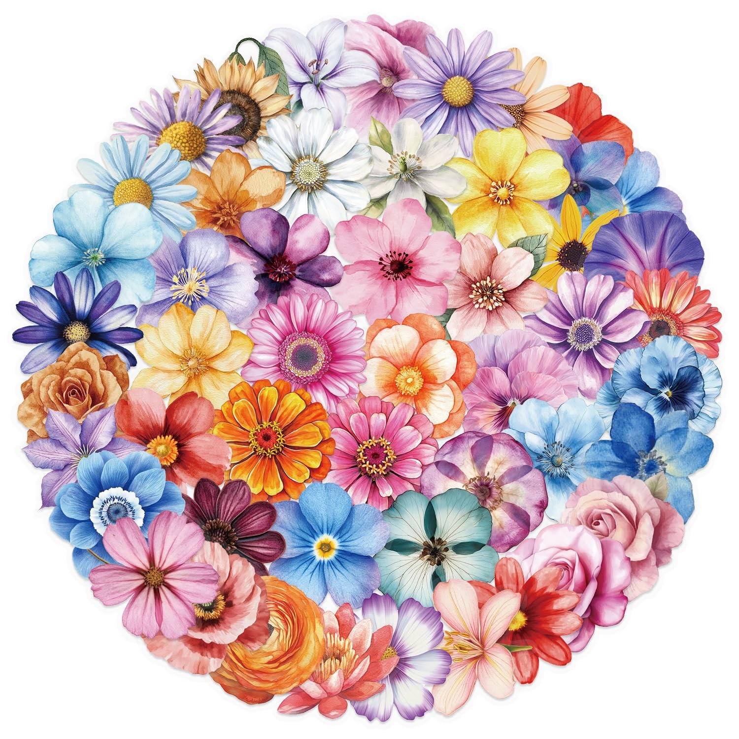 Colorful Flowers Aesthetic Transparent Stickers Pack 50PCS Natural