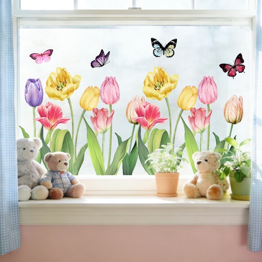 11.81 x 23.62 in Tulip Butterfly Static Window Decal PVC Reusable Glass Sticker